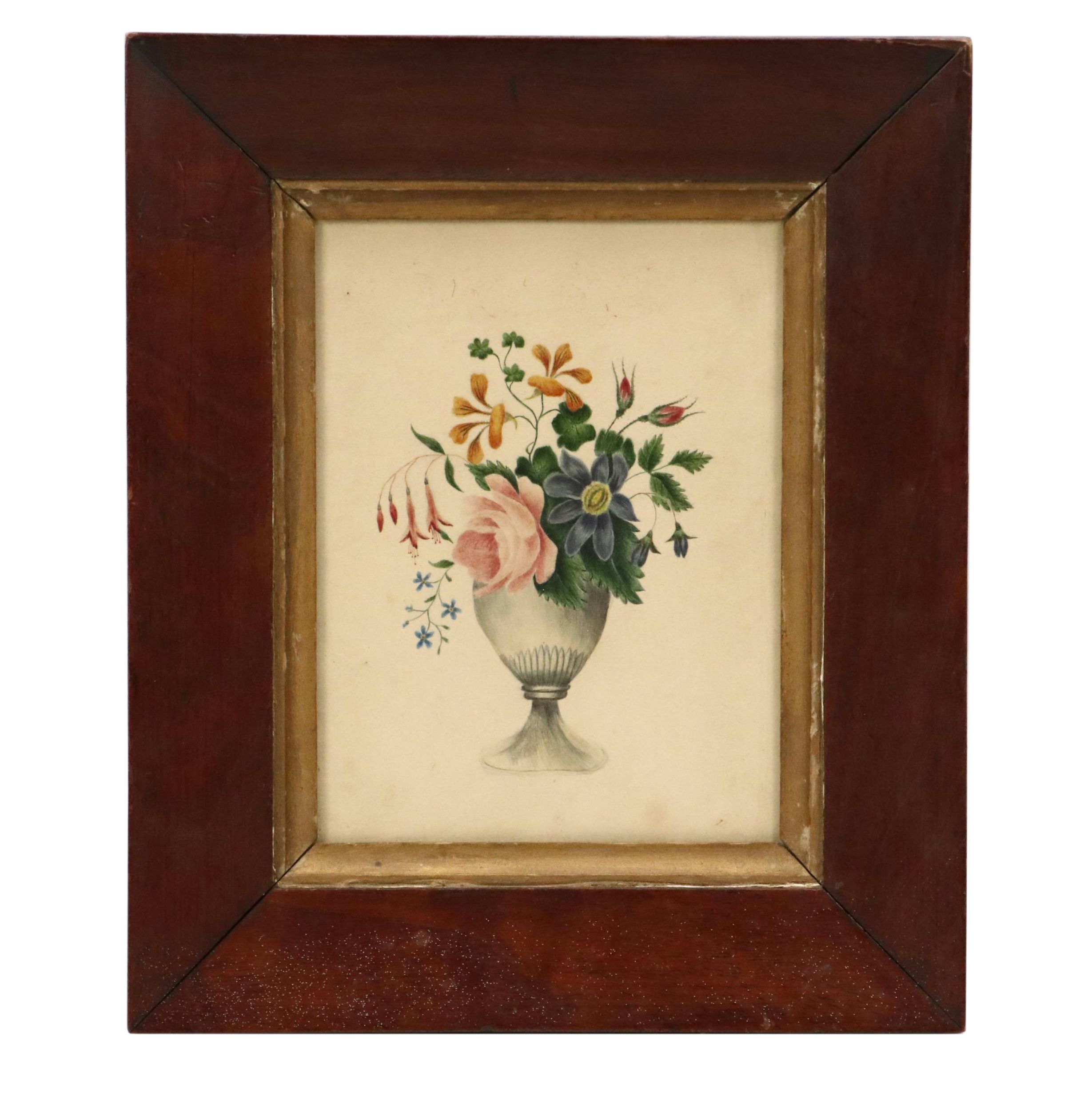 Colored Pencil and Watercolor Illustration Vase with Flowers, Early 20th Century