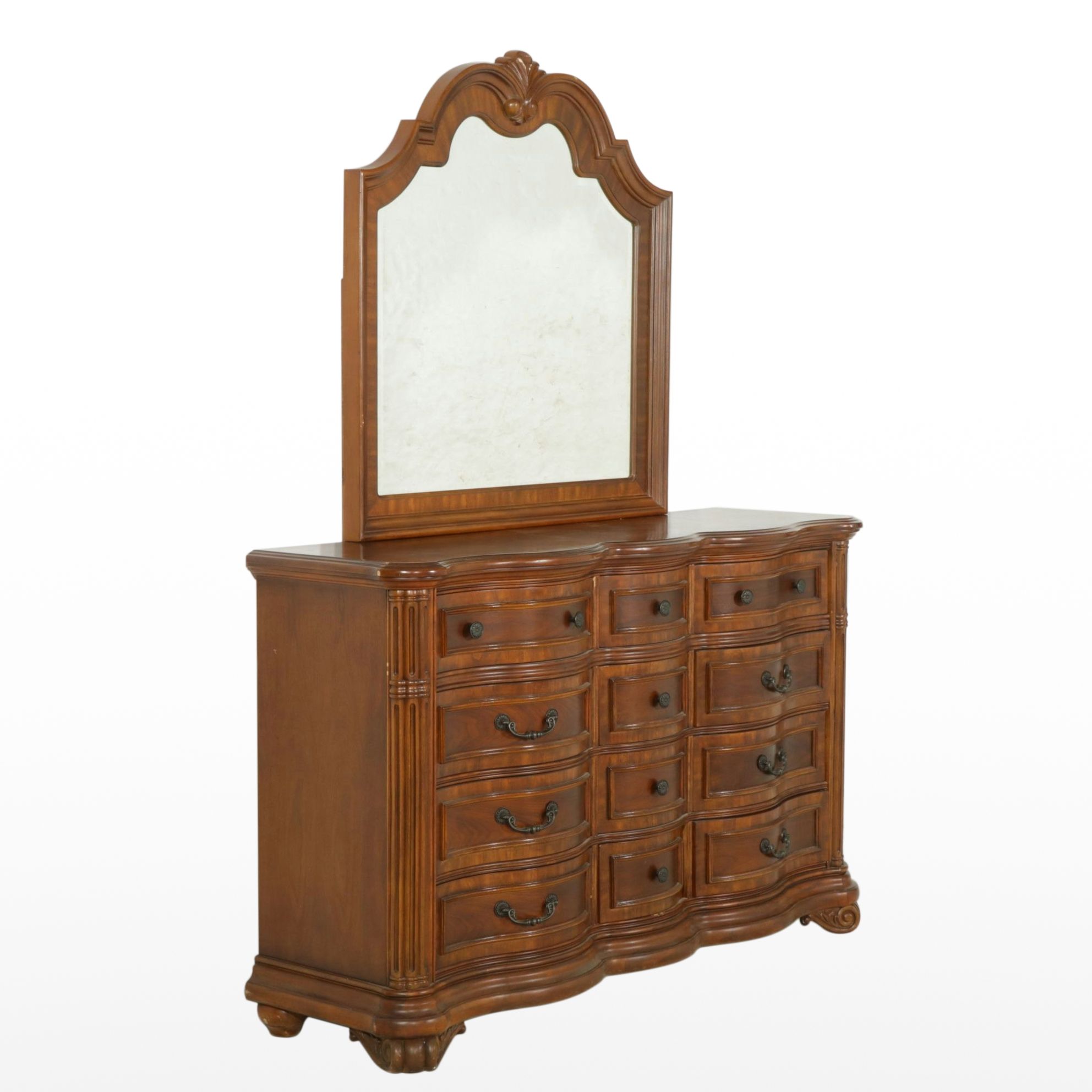 Klaussner Walnut Tall Serpentine Front Dresser and Mirror, 21st Century