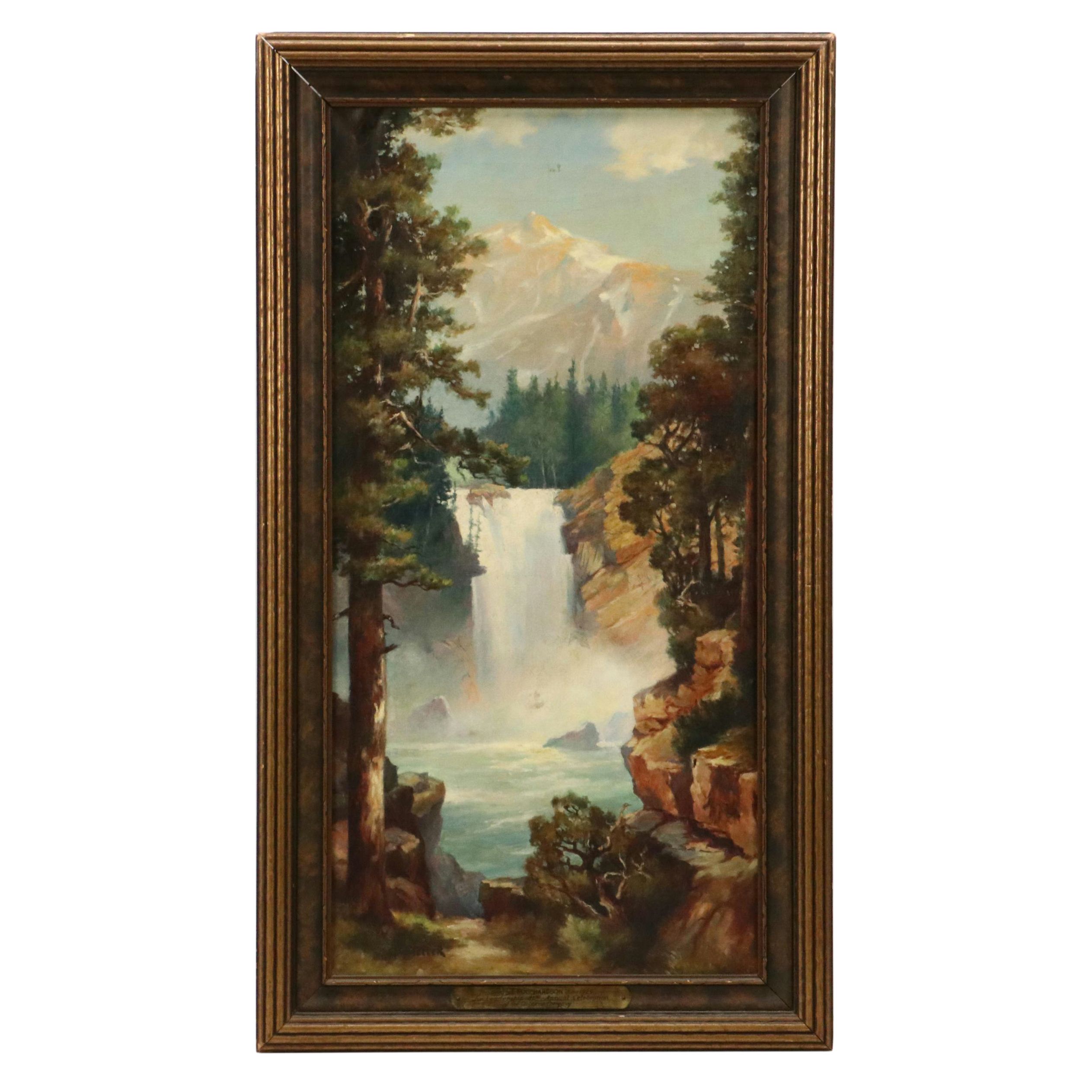 Grif Teller Landscape Oil Painting of Waterfall in Forest, Circa 1929