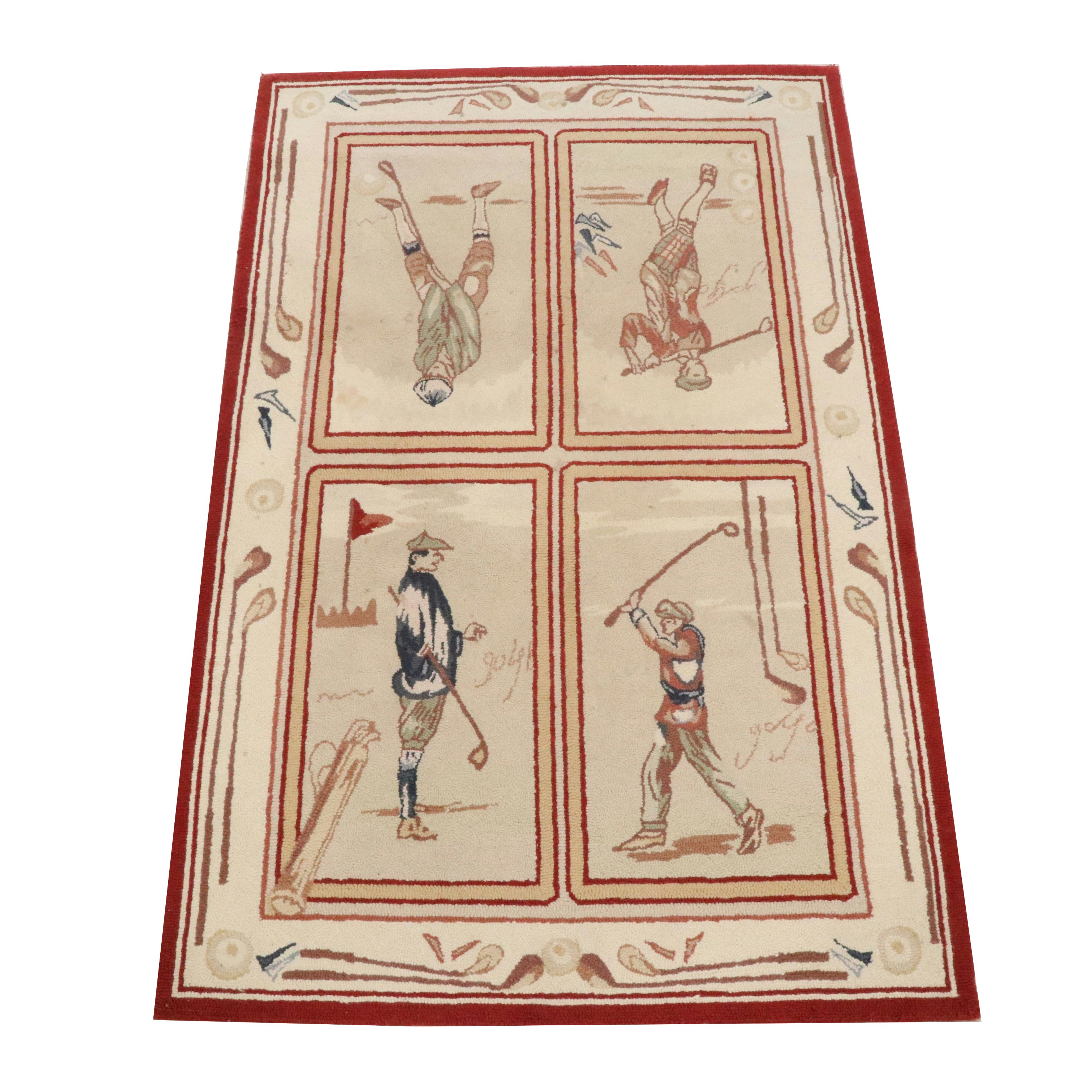 3'6 x 5'6 Handmade Hooked Wool Vintage Golfers Pictorial Area Rug