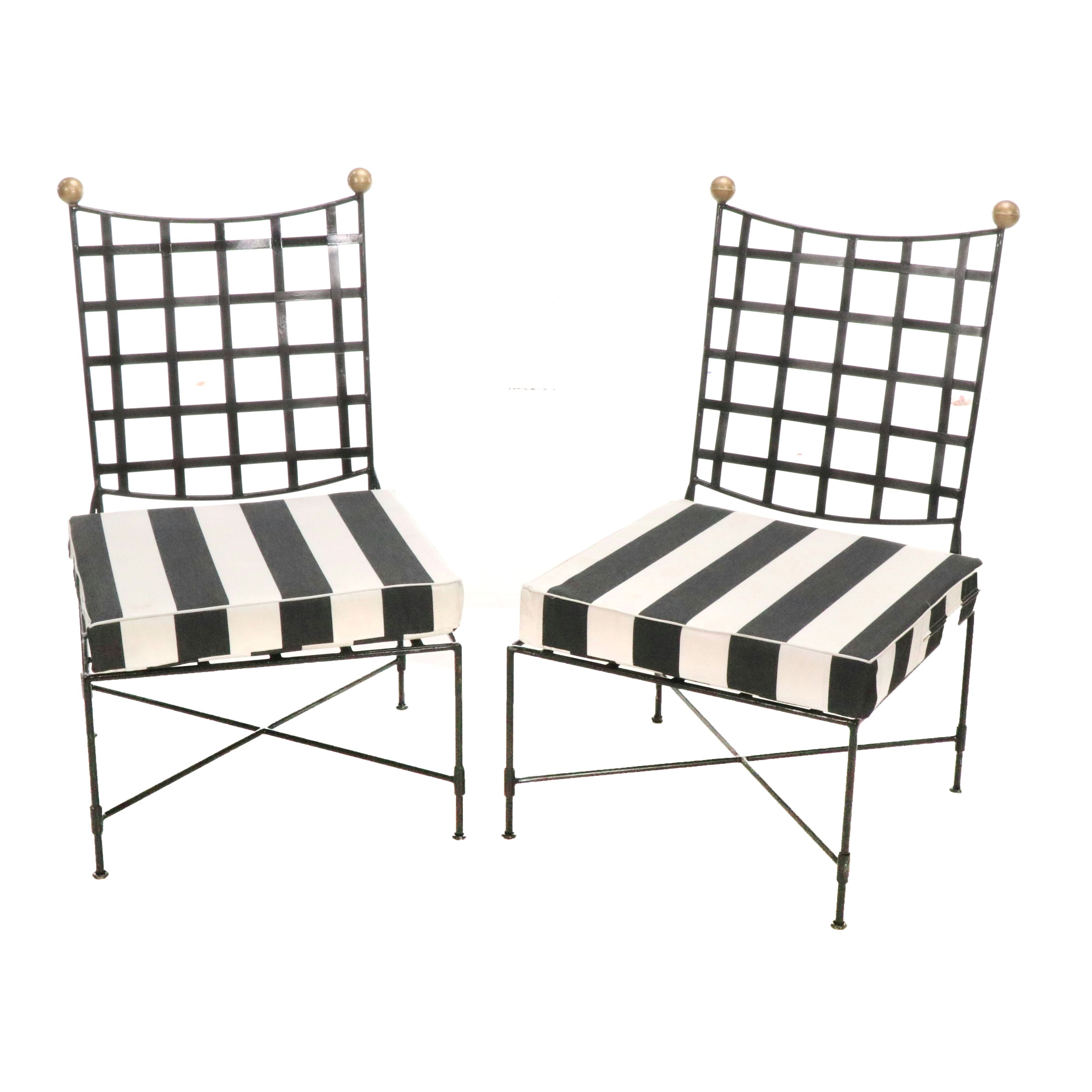 Pair of Italian Regency Style Metal Side Chairs with Striped Cushions