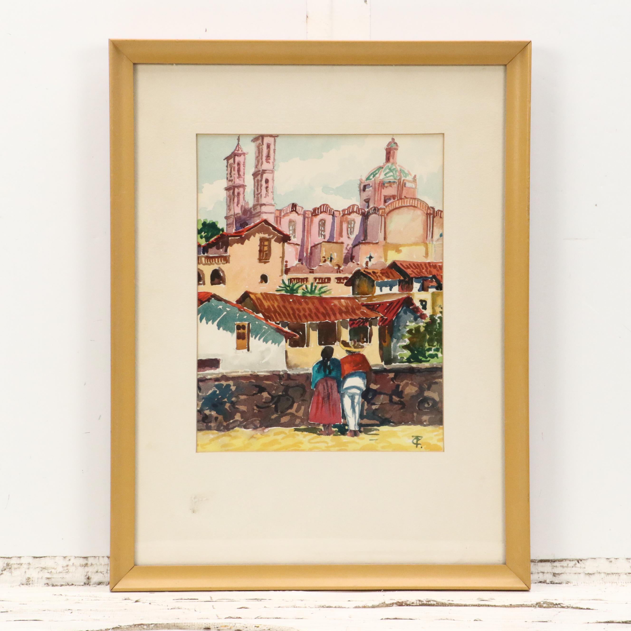 Watercolor Paintings of Central American Village Scenes, Late 20th Century