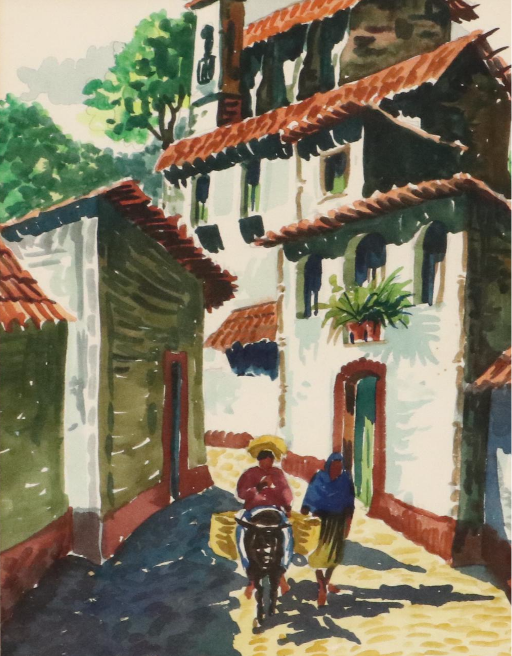 Watercolor Paintings of Central American Village Scenes, Late 20th Century
