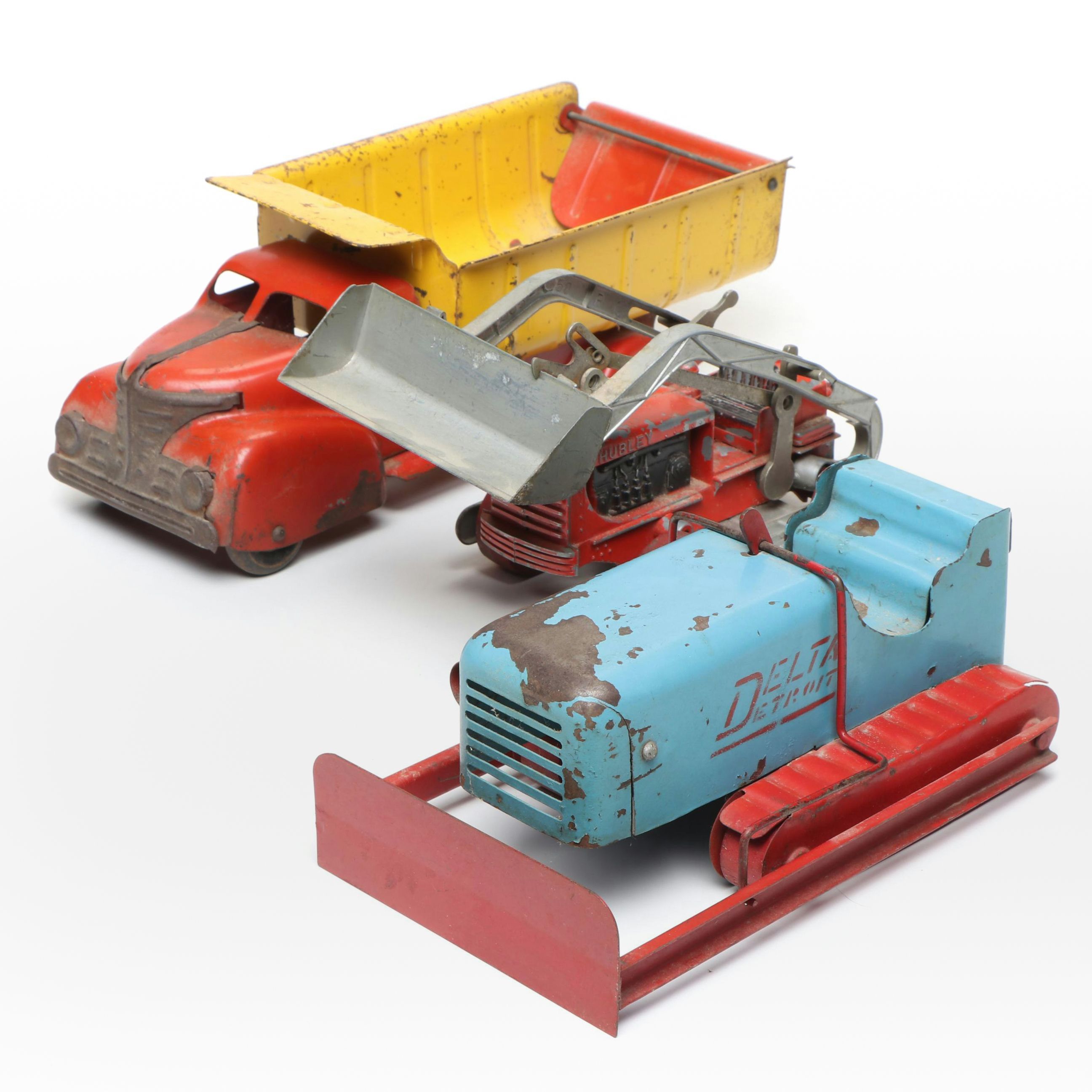 Delta Detroit Bulldozer, Hubley Front End Loader, Marx Lumar Dump Truck