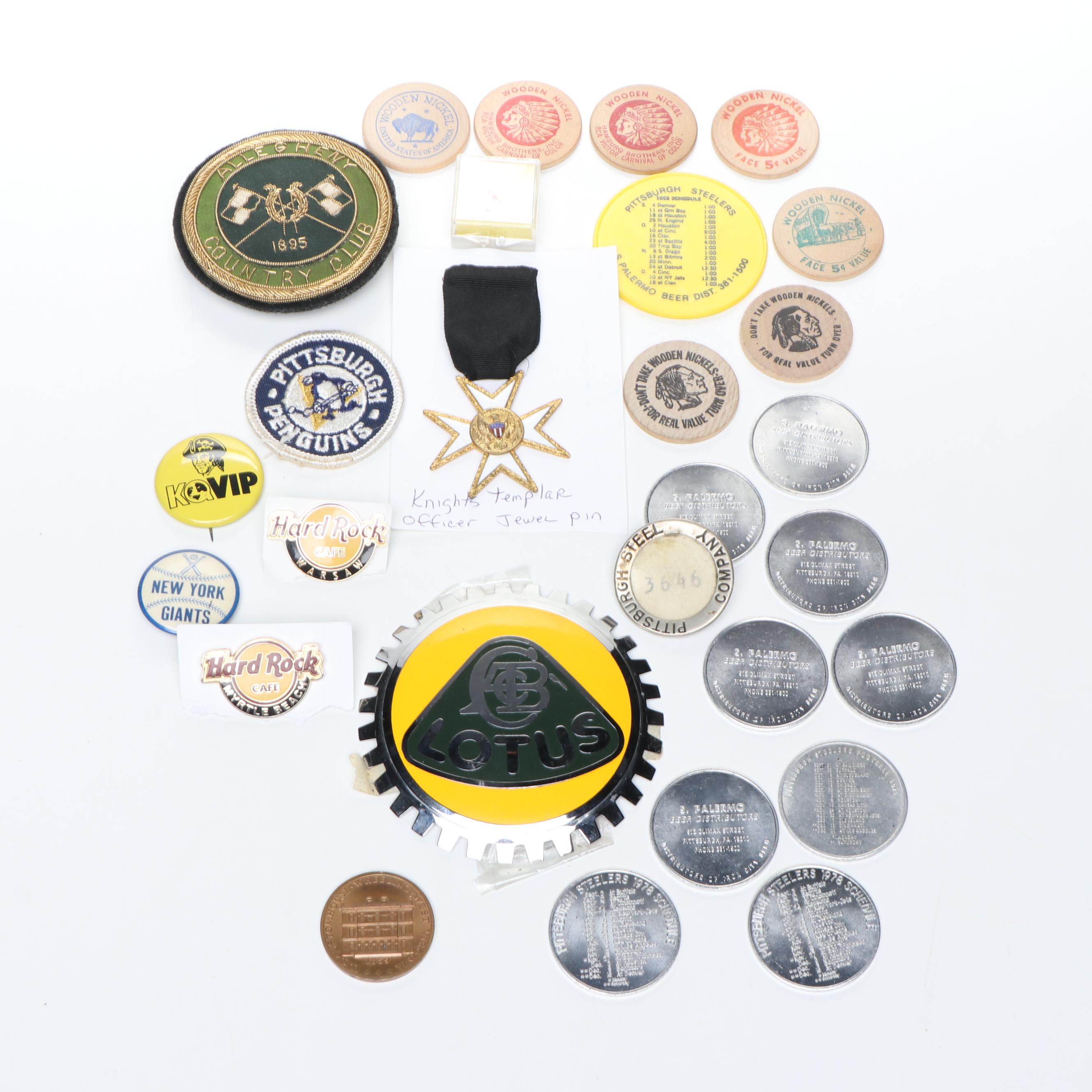 Pittsburgh Steelers 1978 Schedule Coins with Wooden Nickels and Assorted Pins