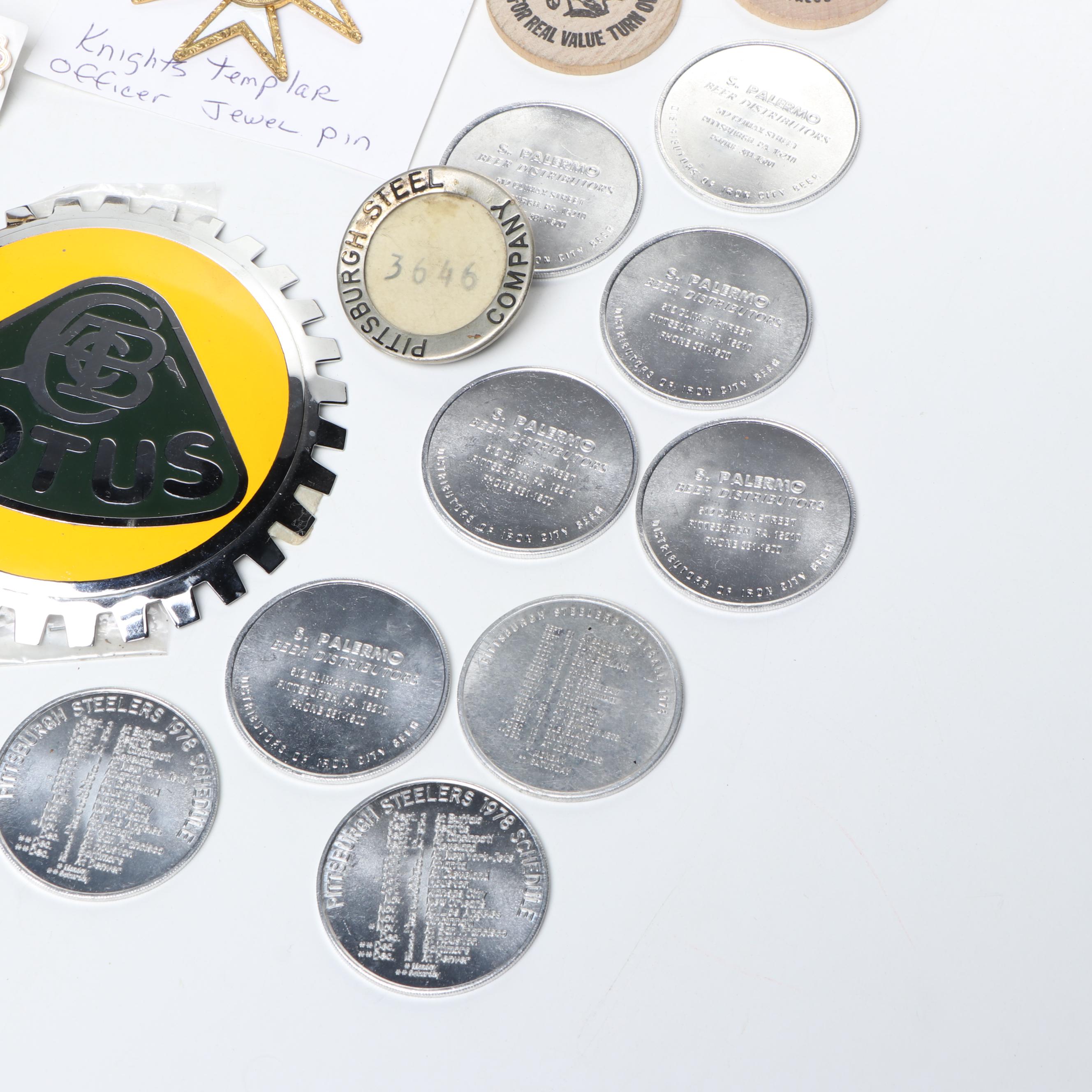 Pittsburgh Steelers 1978 Schedule Coins with Wooden Nickels and Assorted Pins