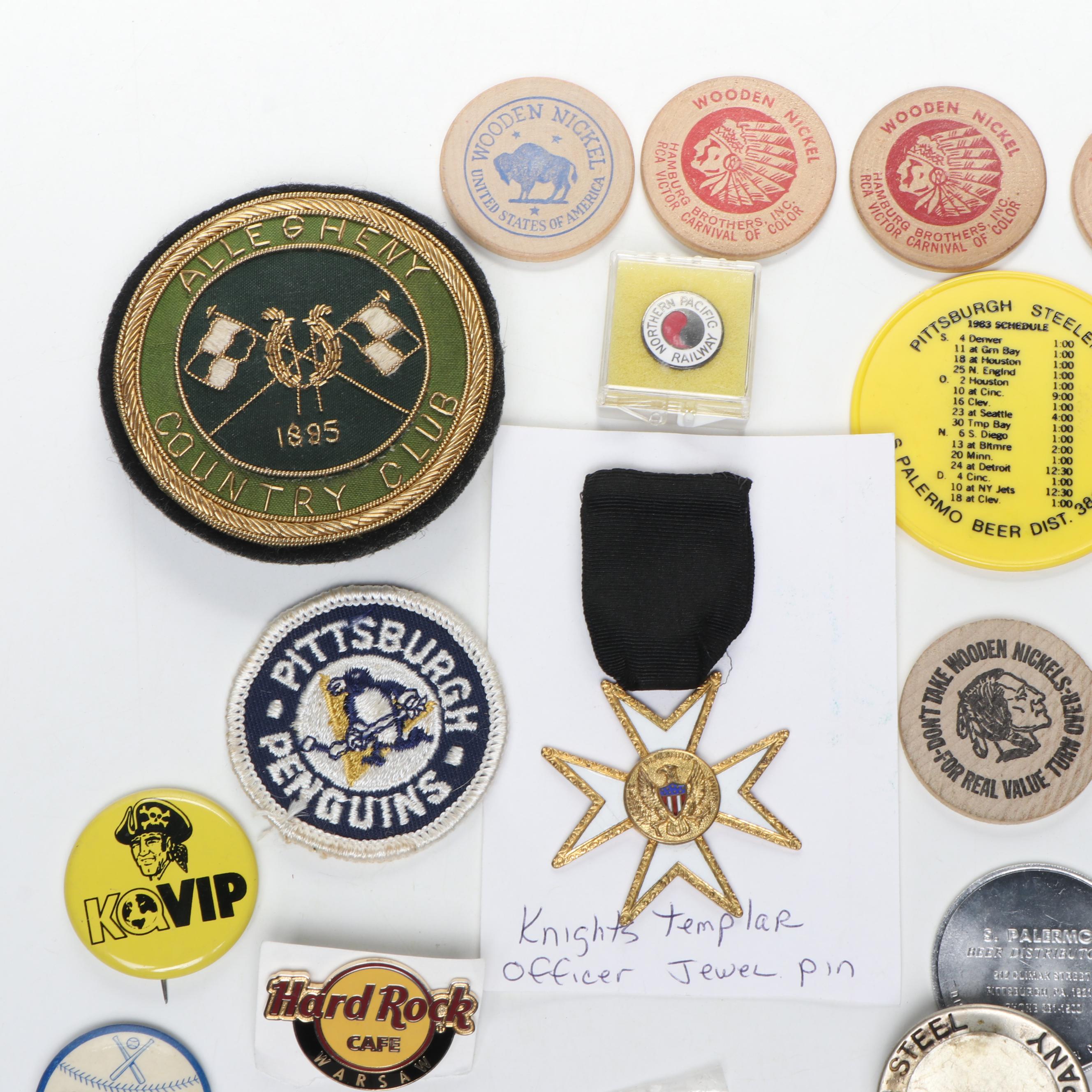 Pittsburgh Steelers 1978 Schedule Coins with Wooden Nickels and Assorted Pins