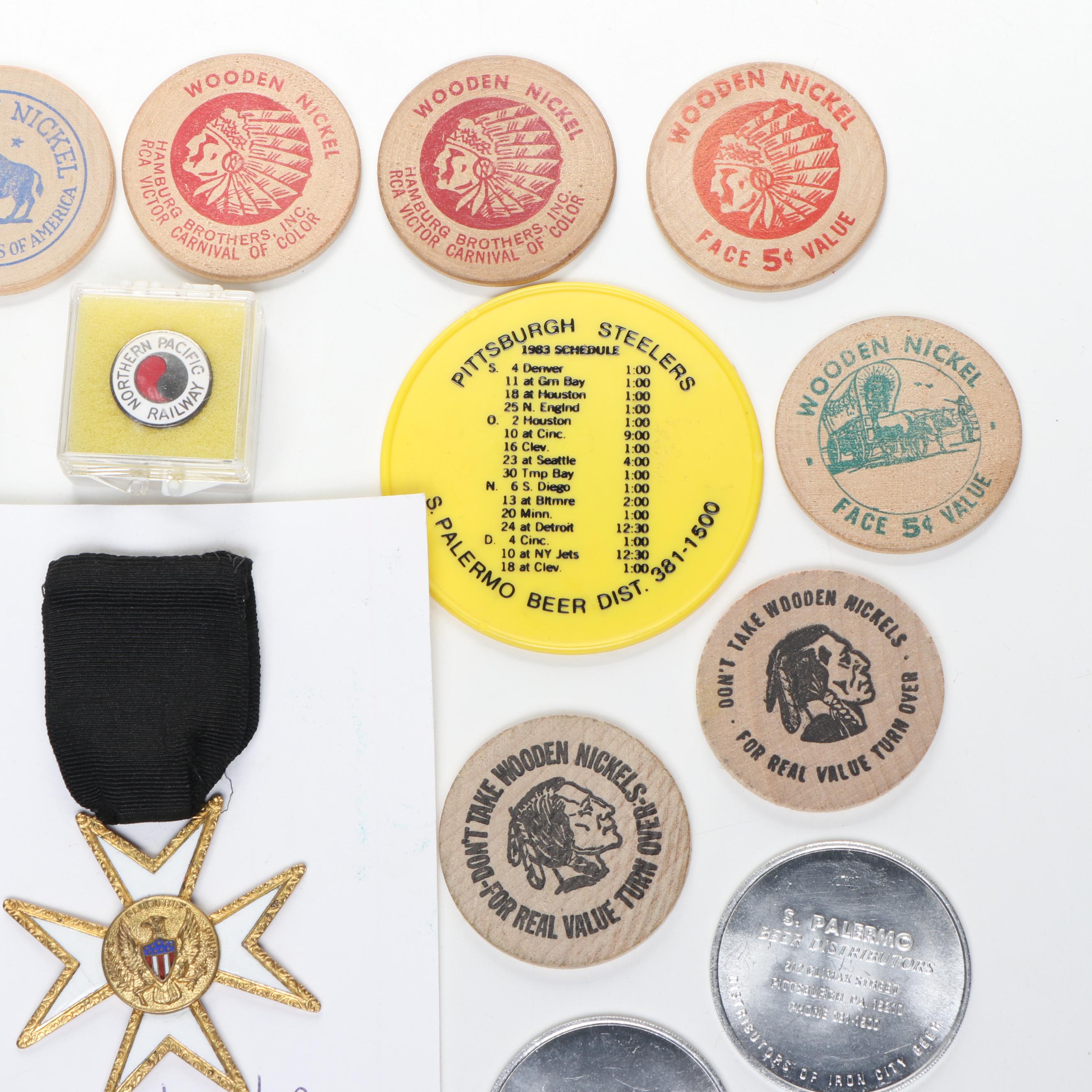 Pittsburgh Steelers 1978 Schedule Coins with Wooden Nickels and Assorted Pins