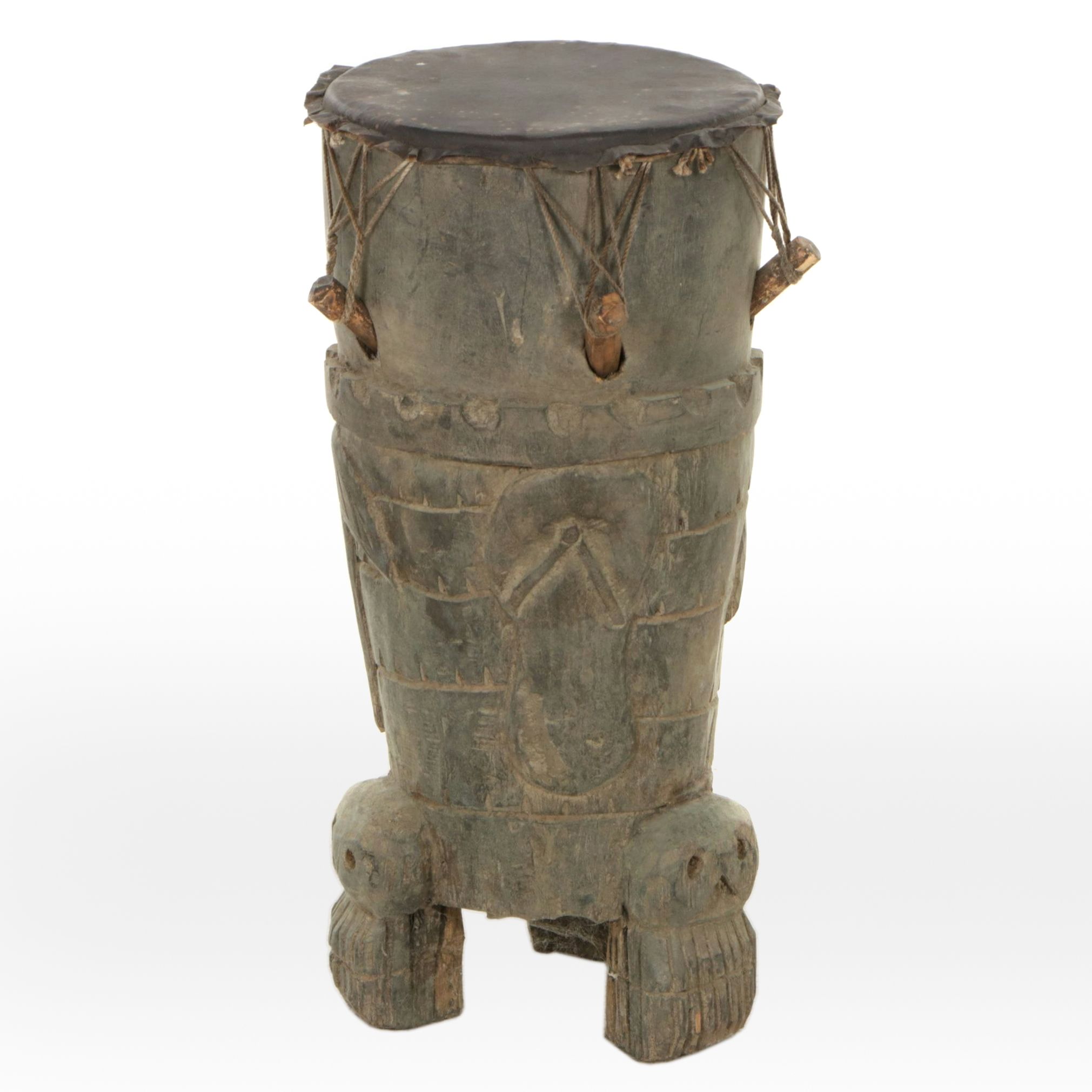 West African Senufo Style Carved Wood Drum with Owl Feet
