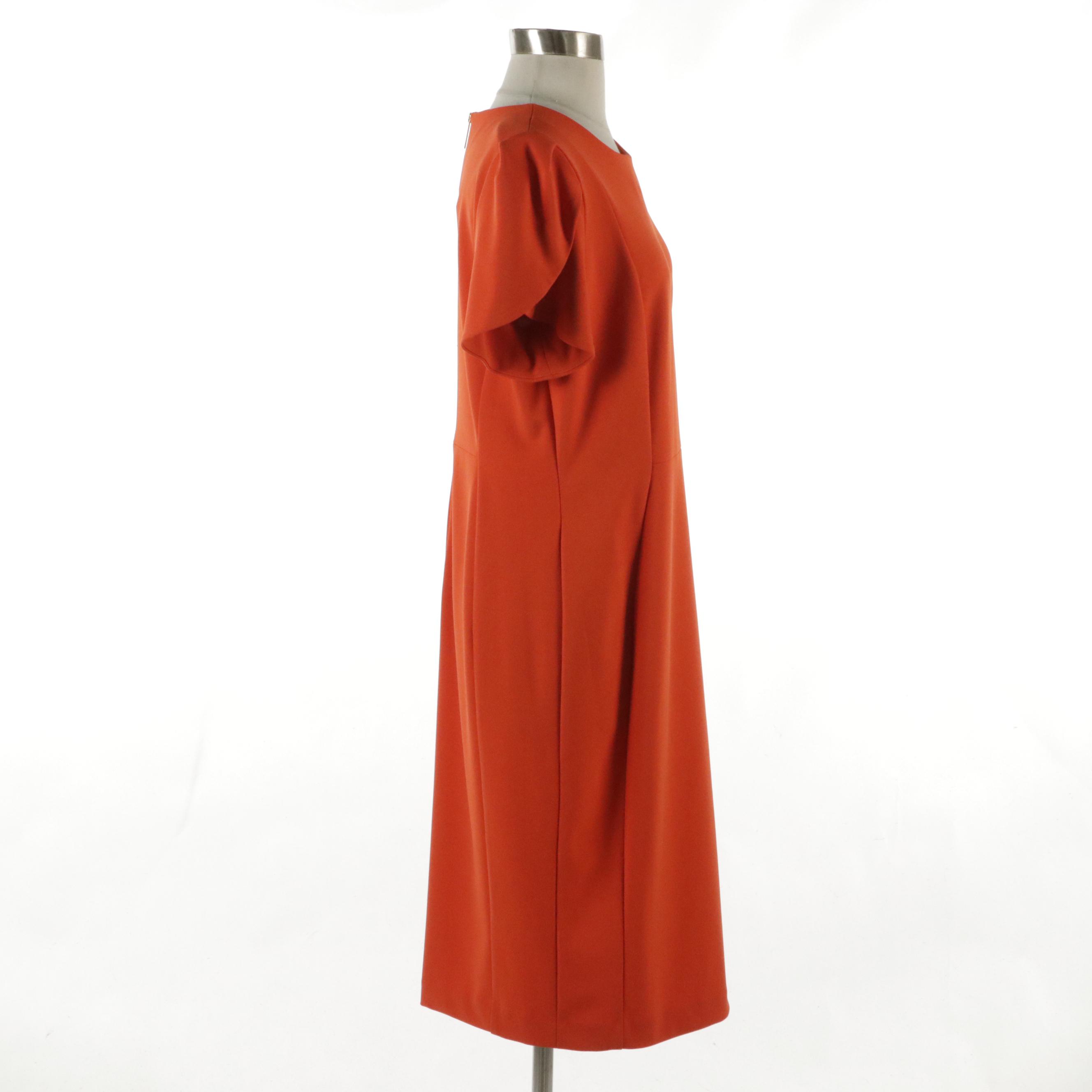 Calvin Klein Pleated Sleeve Dress in Orange Polyester Stretch, With Tags