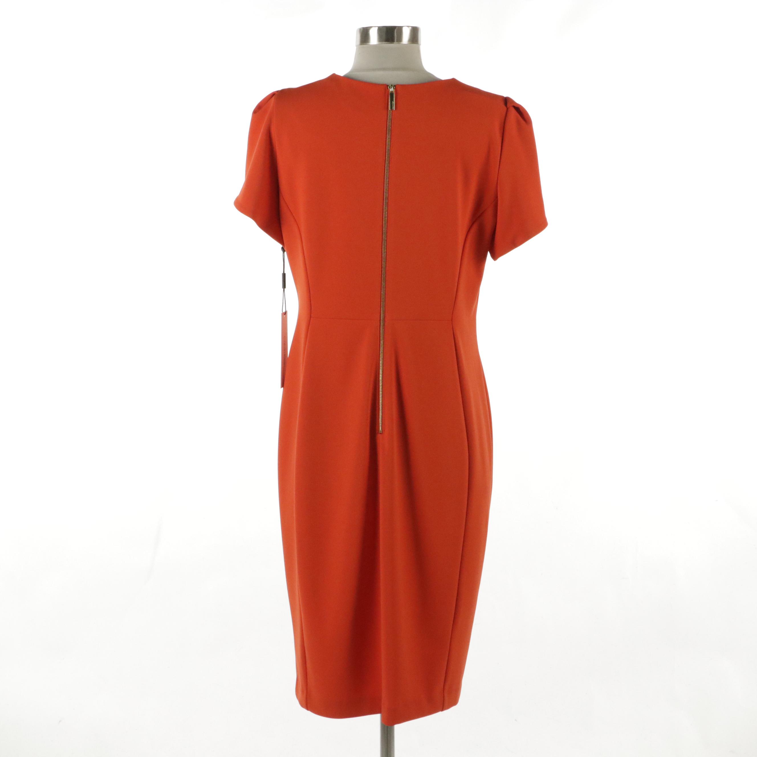 Calvin Klein Pleated Sleeve Dress in Orange Polyester Stretch, With Tags