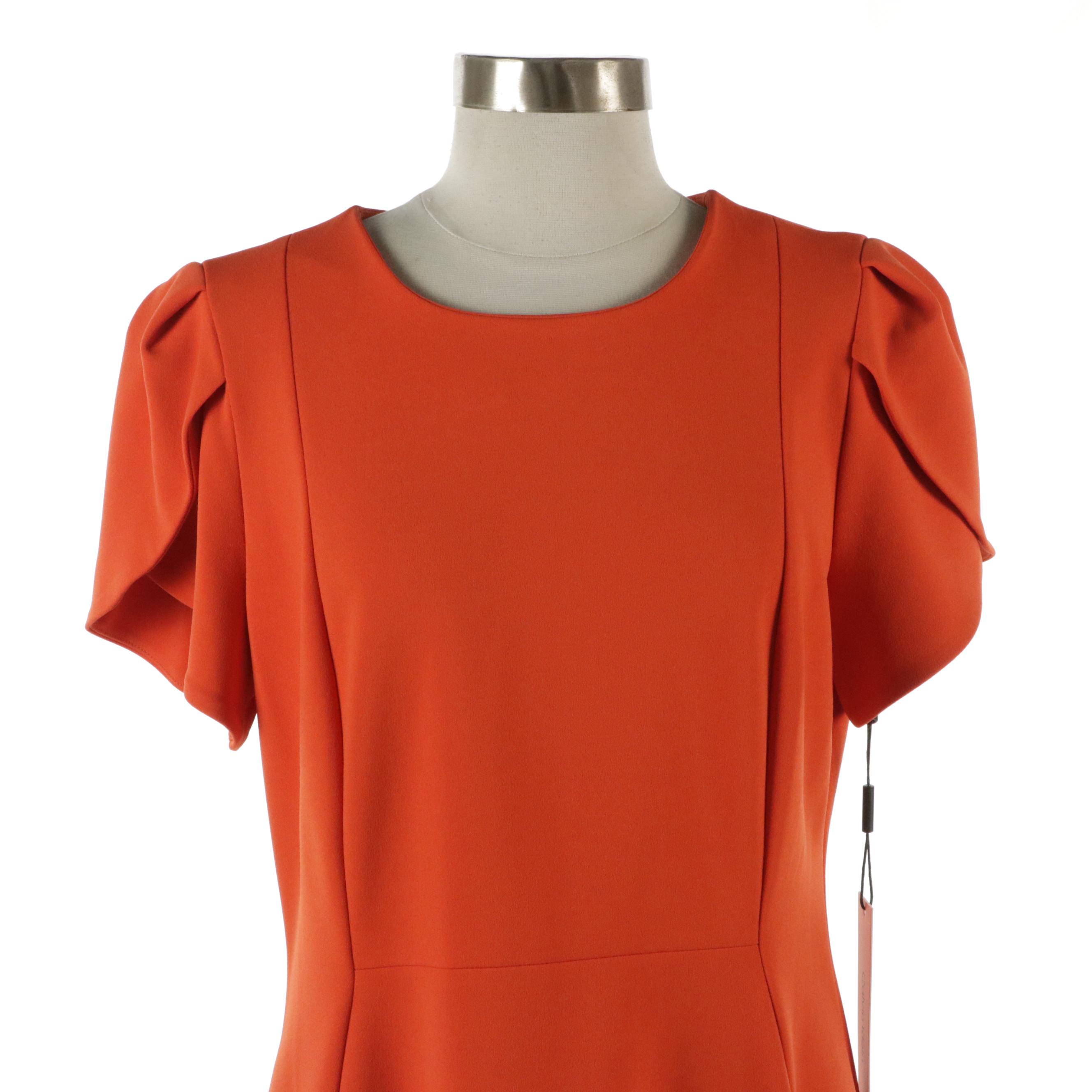 Calvin Klein Pleated Sleeve Dress in Orange Polyester Stretch, With Tags