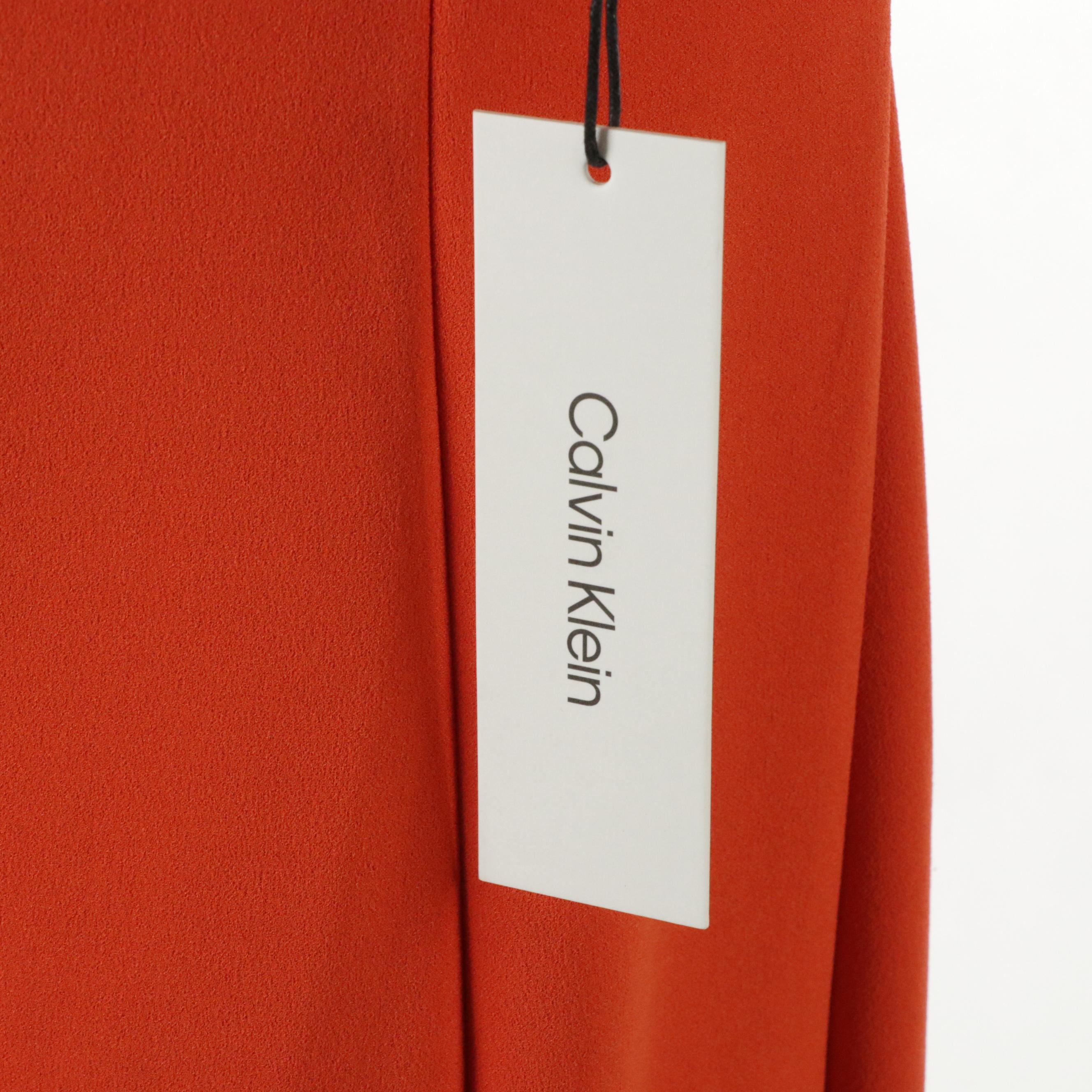 Calvin Klein Pleated Sleeve Dress in Orange Polyester Stretch, With Tags