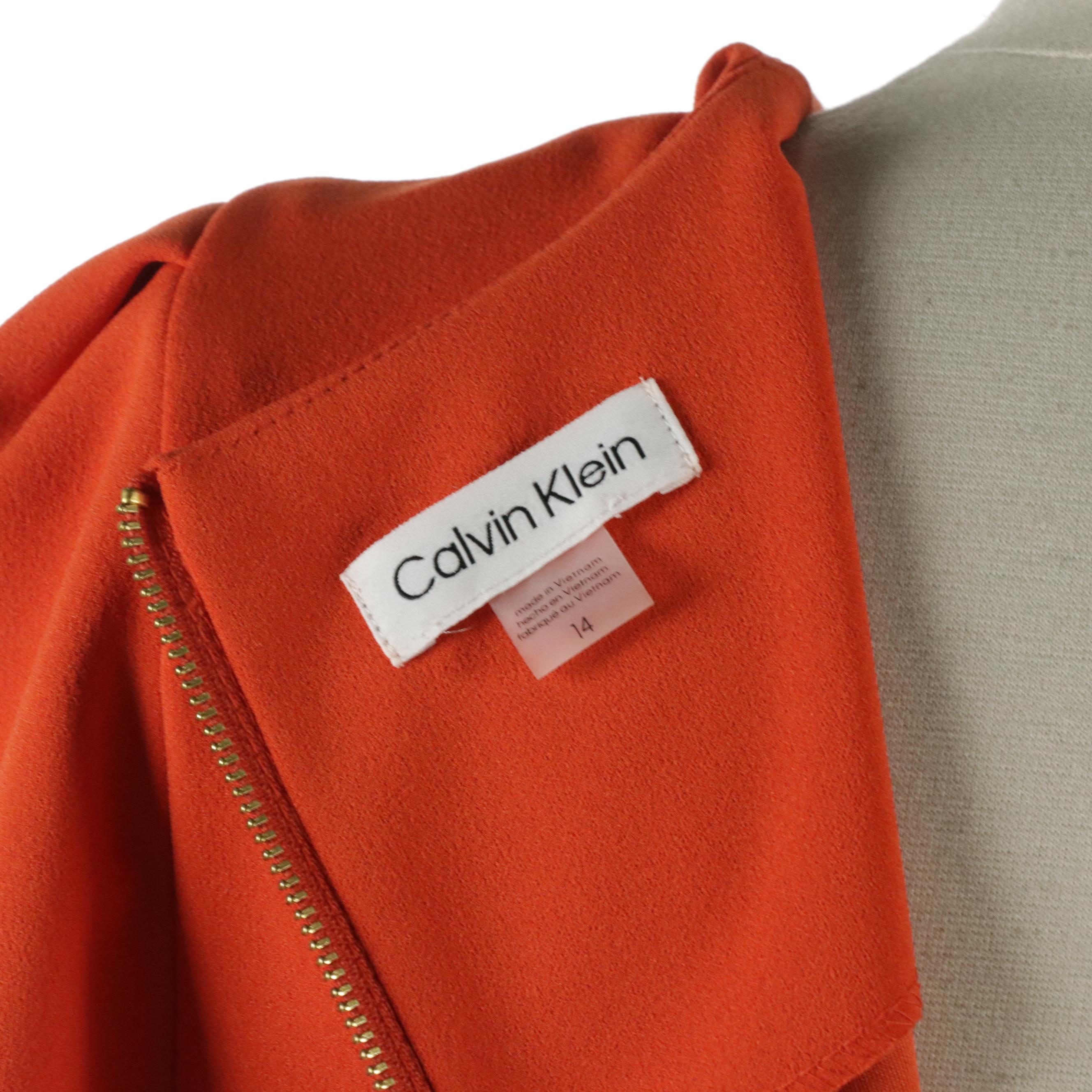 Calvin Klein Pleated Sleeve Dress in Orange Polyester Stretch, With Tags