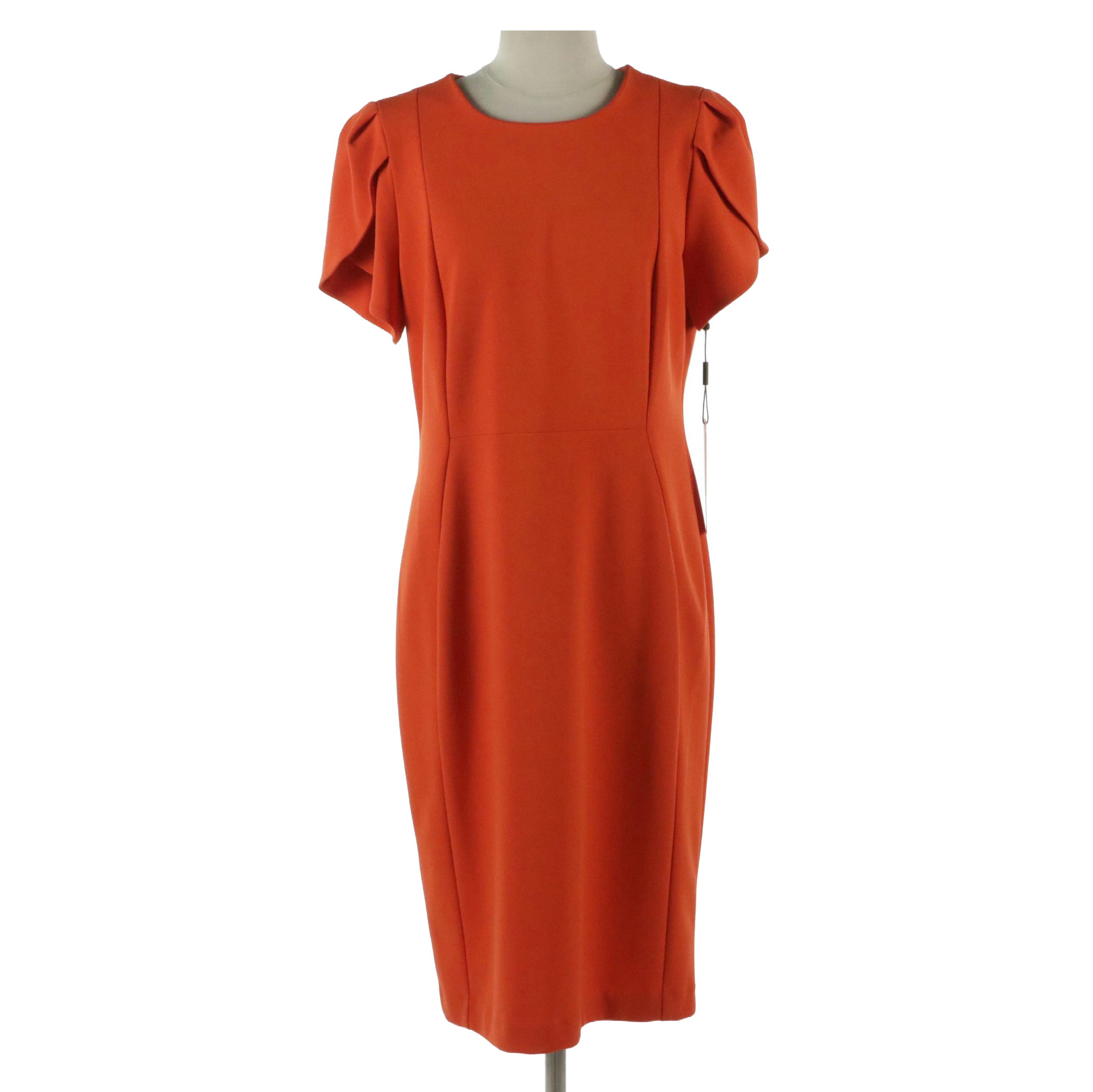 Calvin Klein Pleated Sleeve Dress in Orange Polyester Stretch, With Tags