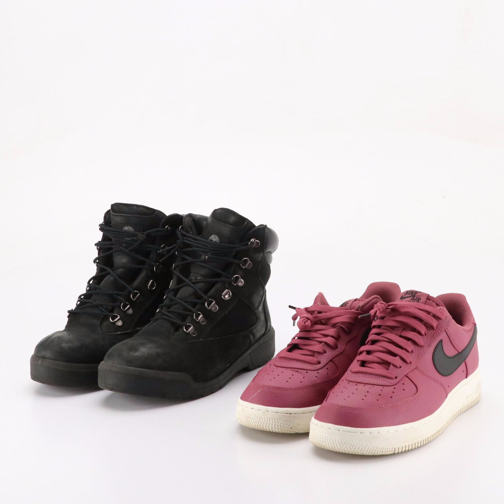 Men's Timberland Black Nubuck Field Boots, Nike Plum Air Force 1 Sneakers