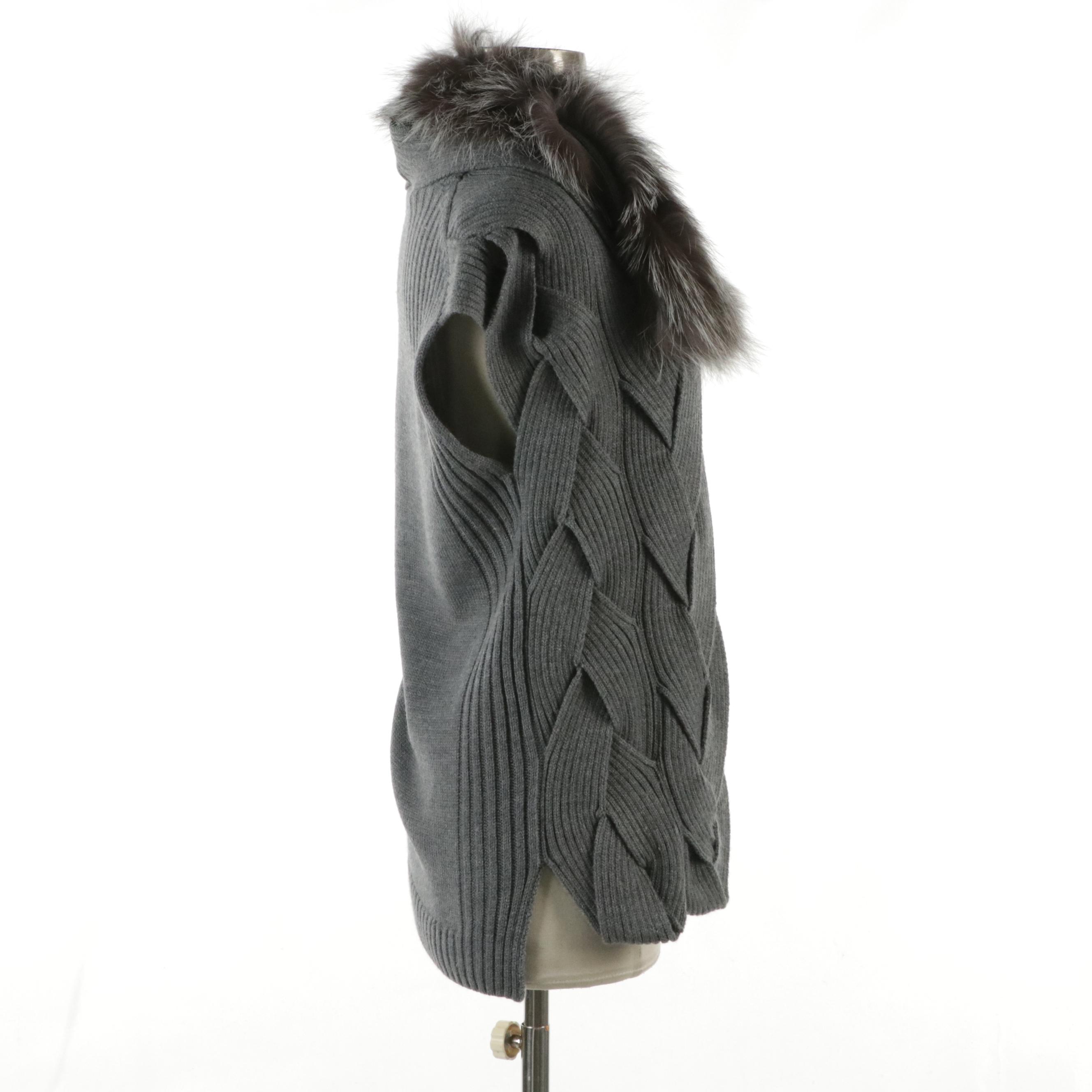 Kobi Halperin Wool Blend Knit Sweater Vest with Silver Fox Fur Trim