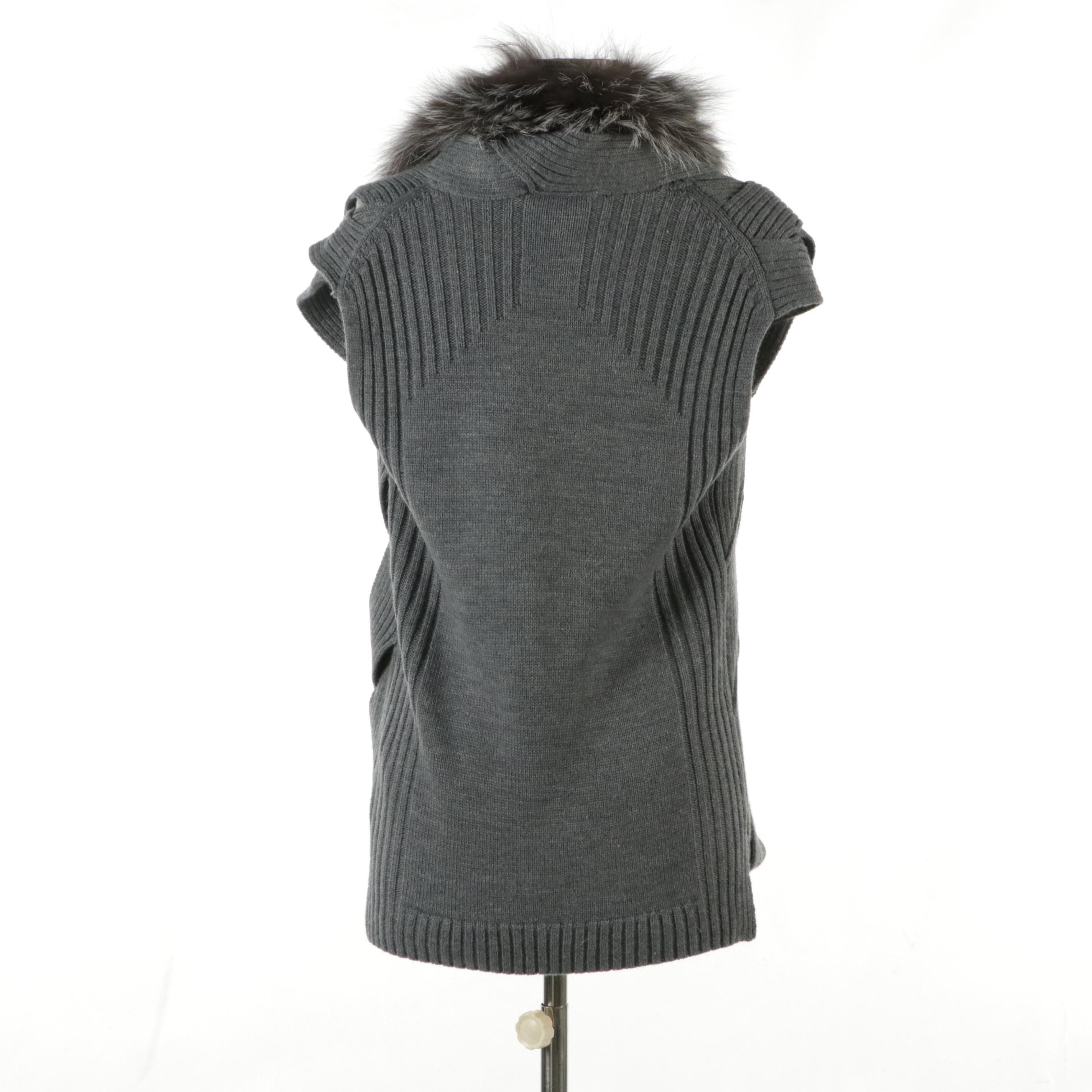 Kobi Halperin Wool Blend Knit Sweater Vest with Silver Fox Fur Trim