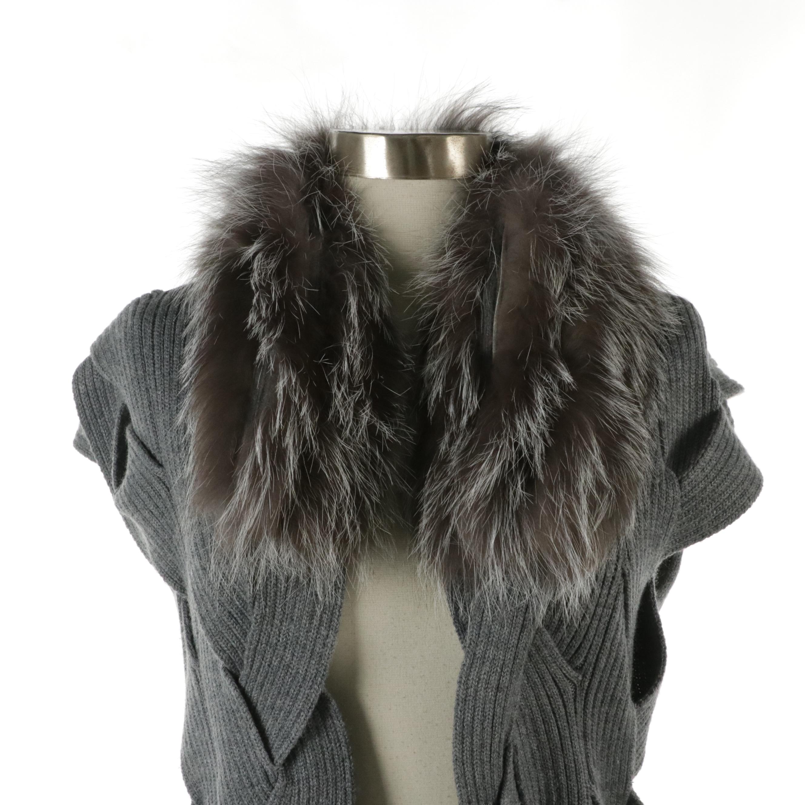 Kobi Halperin Wool Blend Knit Sweater Vest with Silver Fox Fur Trim