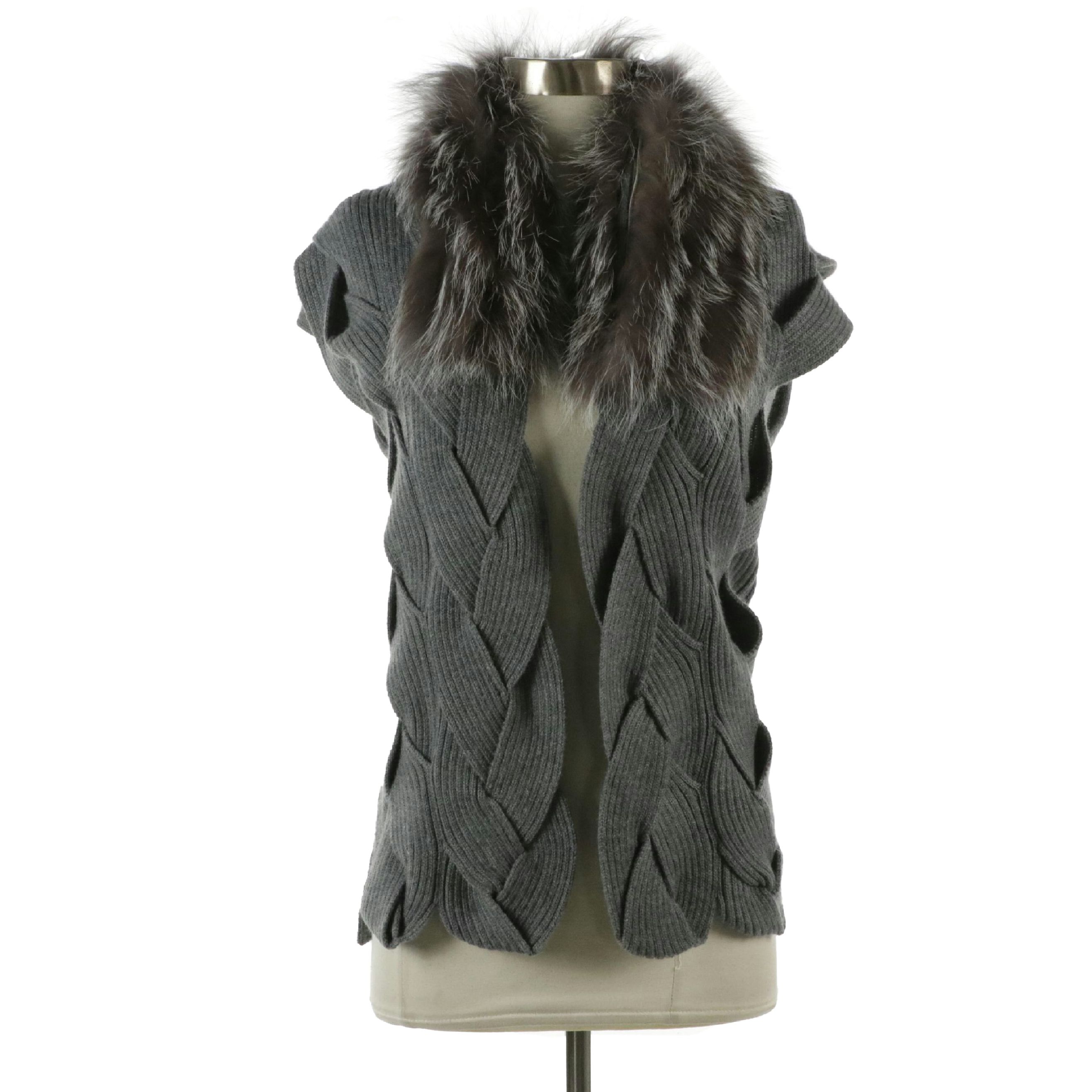 Kobi Halperin Wool Blend Knit Sweater Vest with Silver Fox Fur Trim