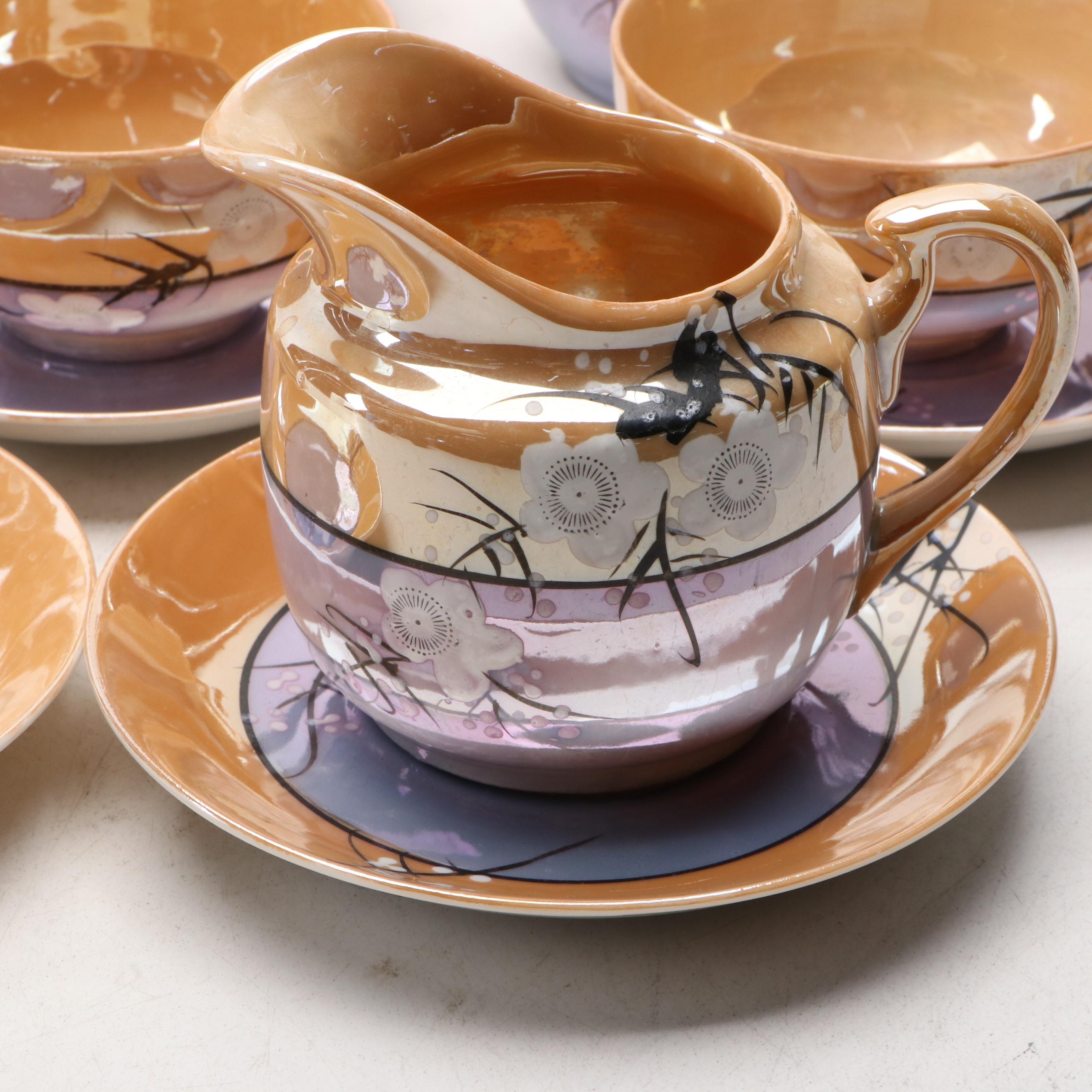 Japanese Hand-Painted Cherry Blossom Lusterware, 1940s