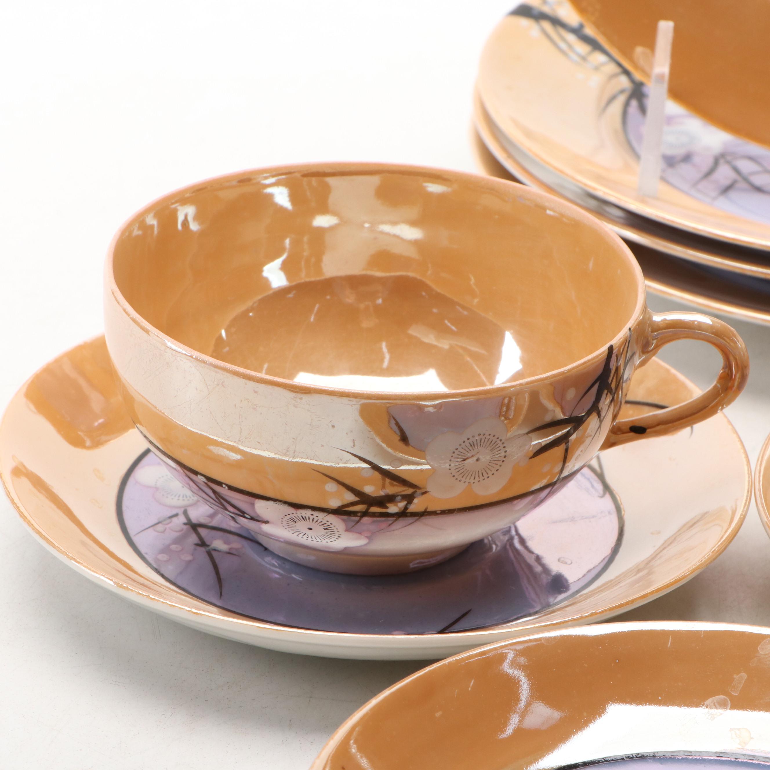 Japanese Hand-Painted Cherry Blossom Lusterware, 1940s