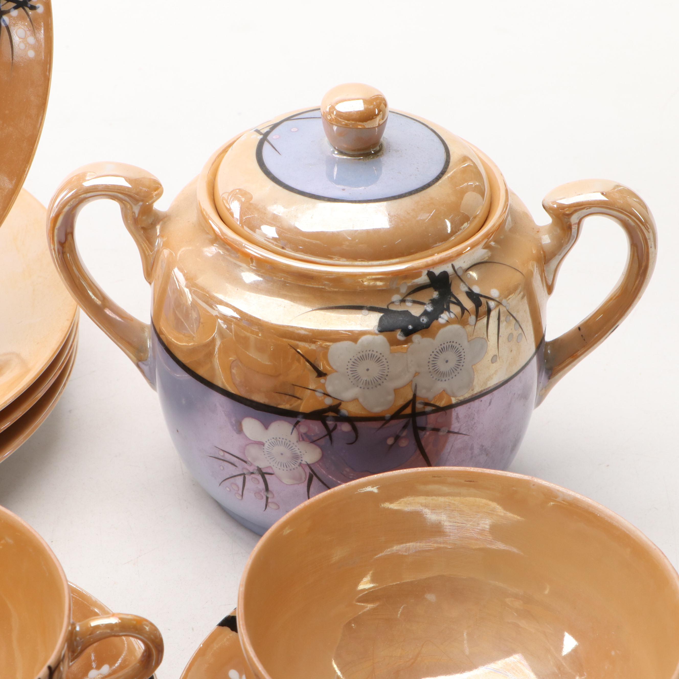 Japanese Hand-Painted Cherry Blossom Lusterware, 1940s