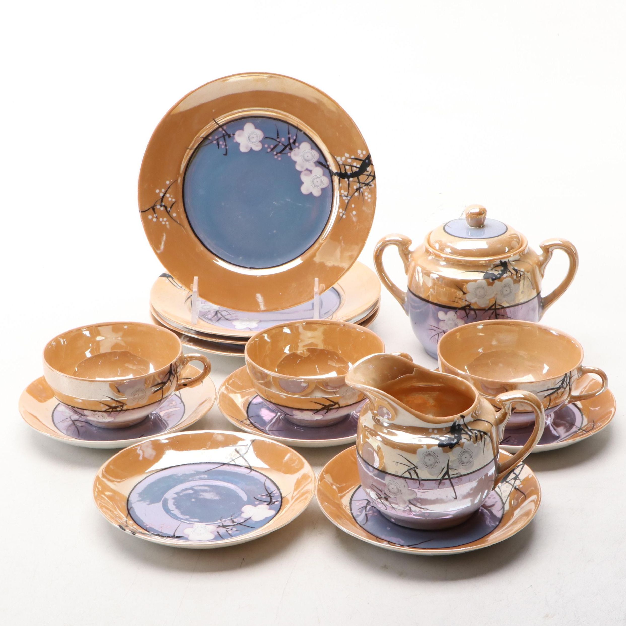 Japanese Hand-Painted Cherry Blossom Lusterware, 1940s