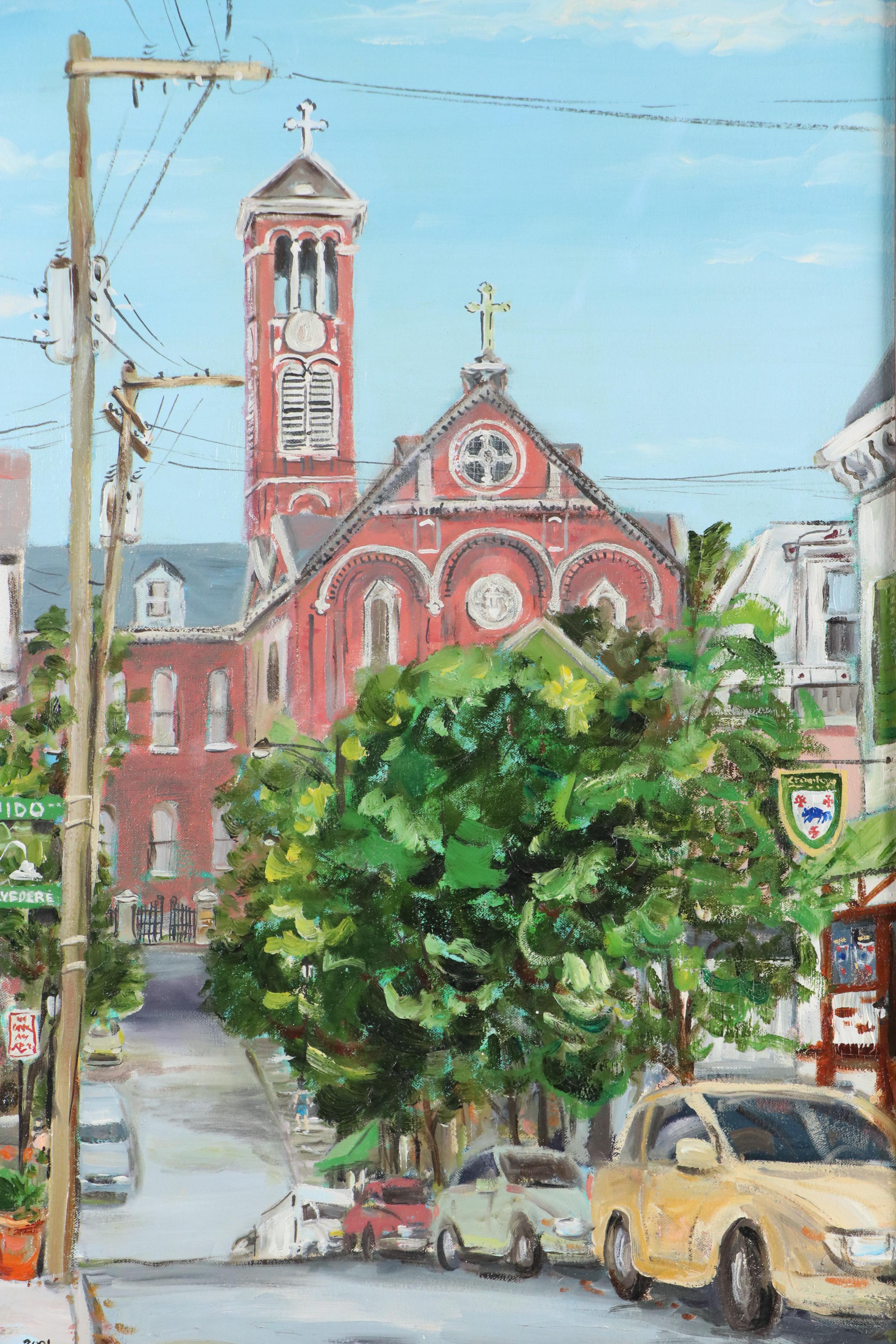 Cityscape Oil Painting of Street Scene with Church, 2001