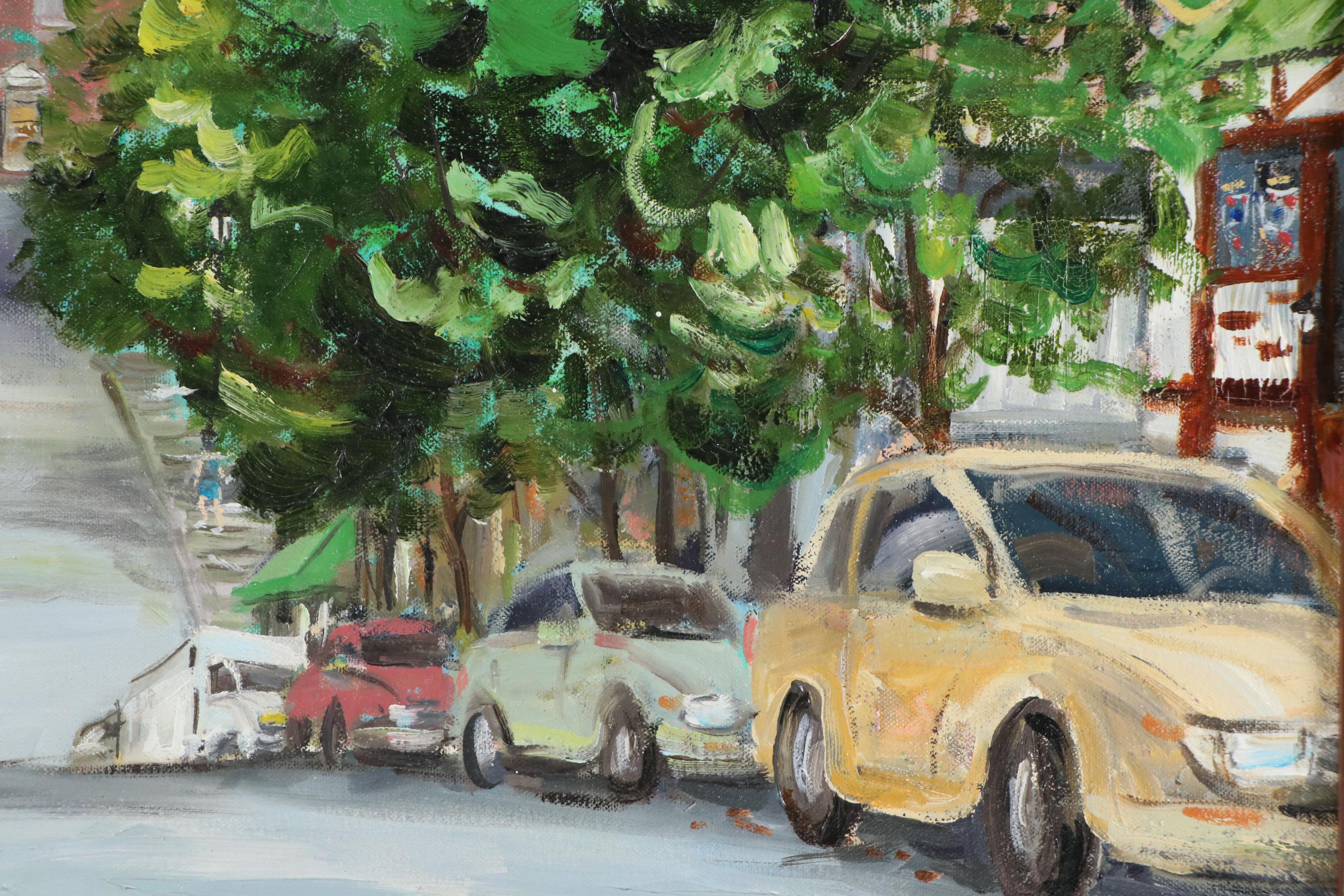 Cityscape Oil Painting of Street Scene with Church, 2001