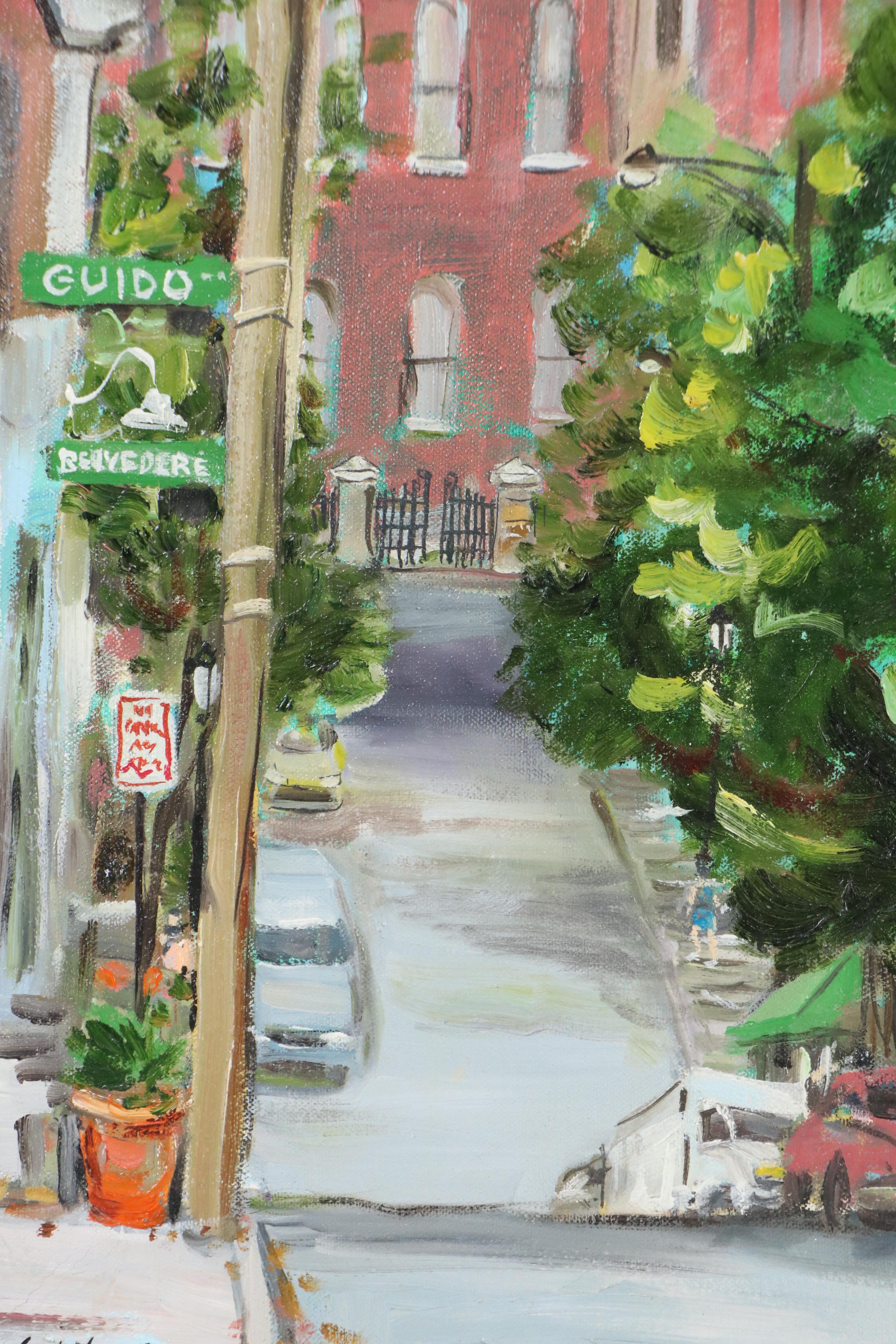 Cityscape Oil Painting of Street Scene with Church, 2001