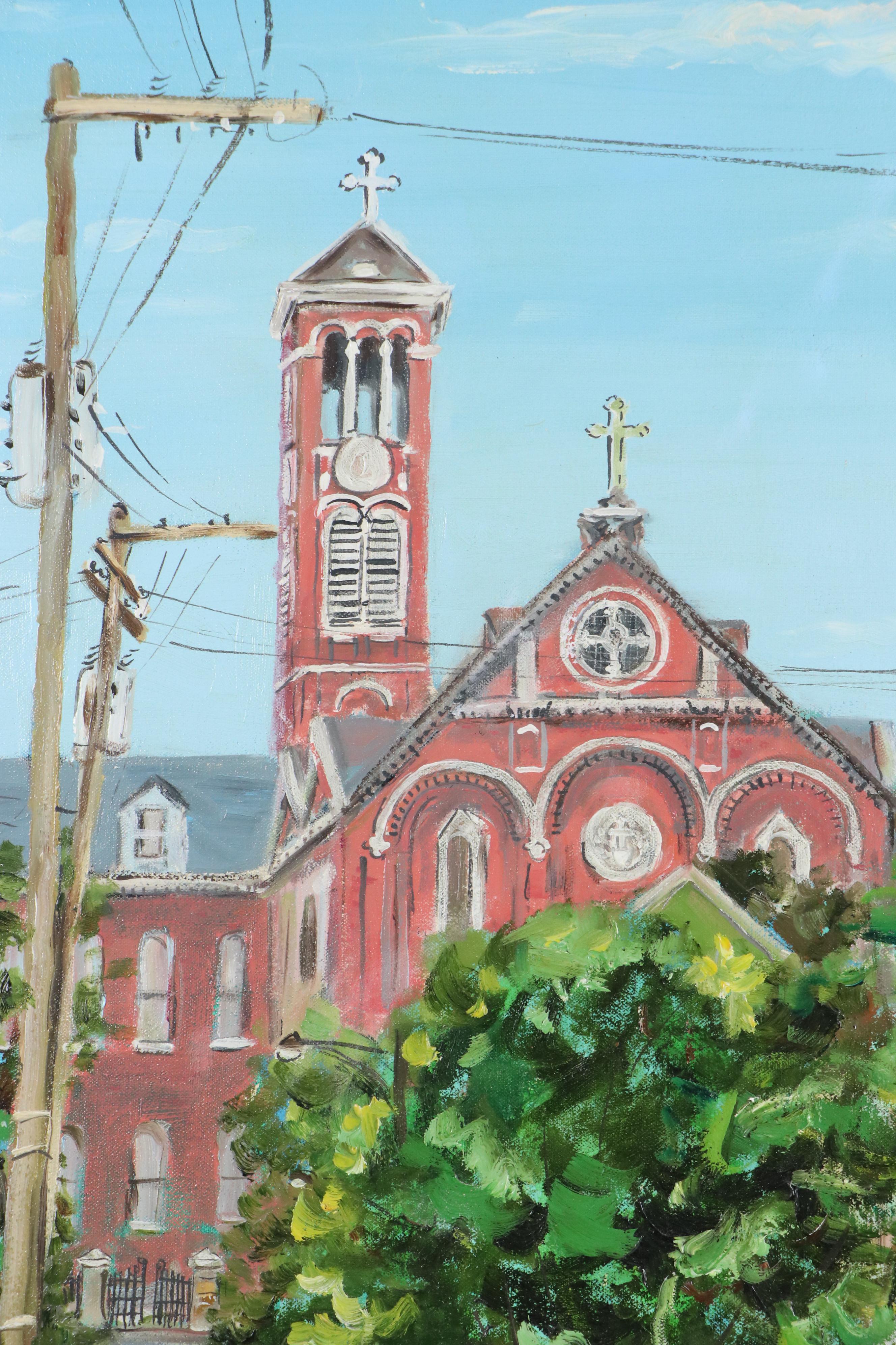 Cityscape Oil Painting of Street Scene with Church, 2001