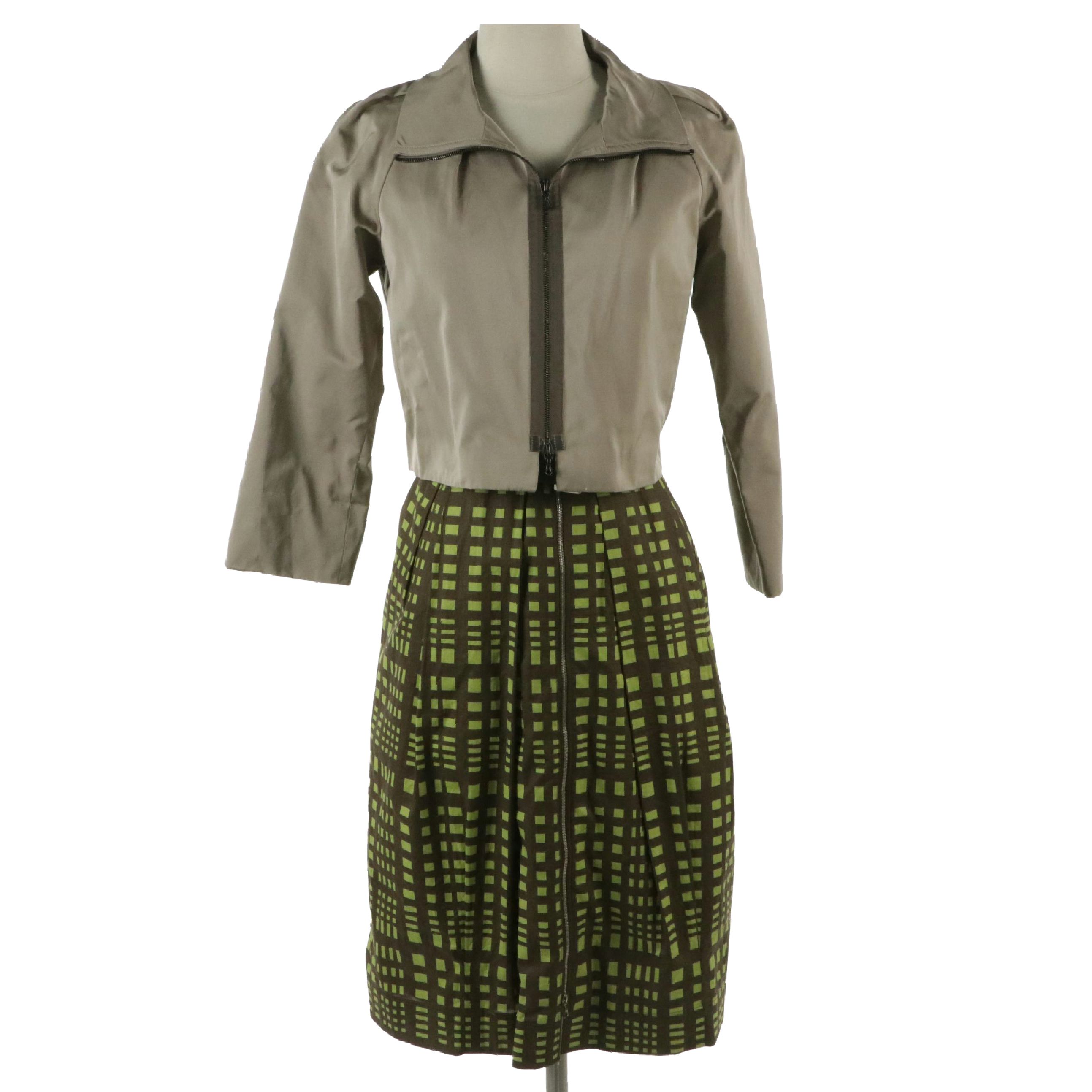 Lida Baday Geometric Printed Cotton Zip Dress, Pleated-Back Cropped Jacket