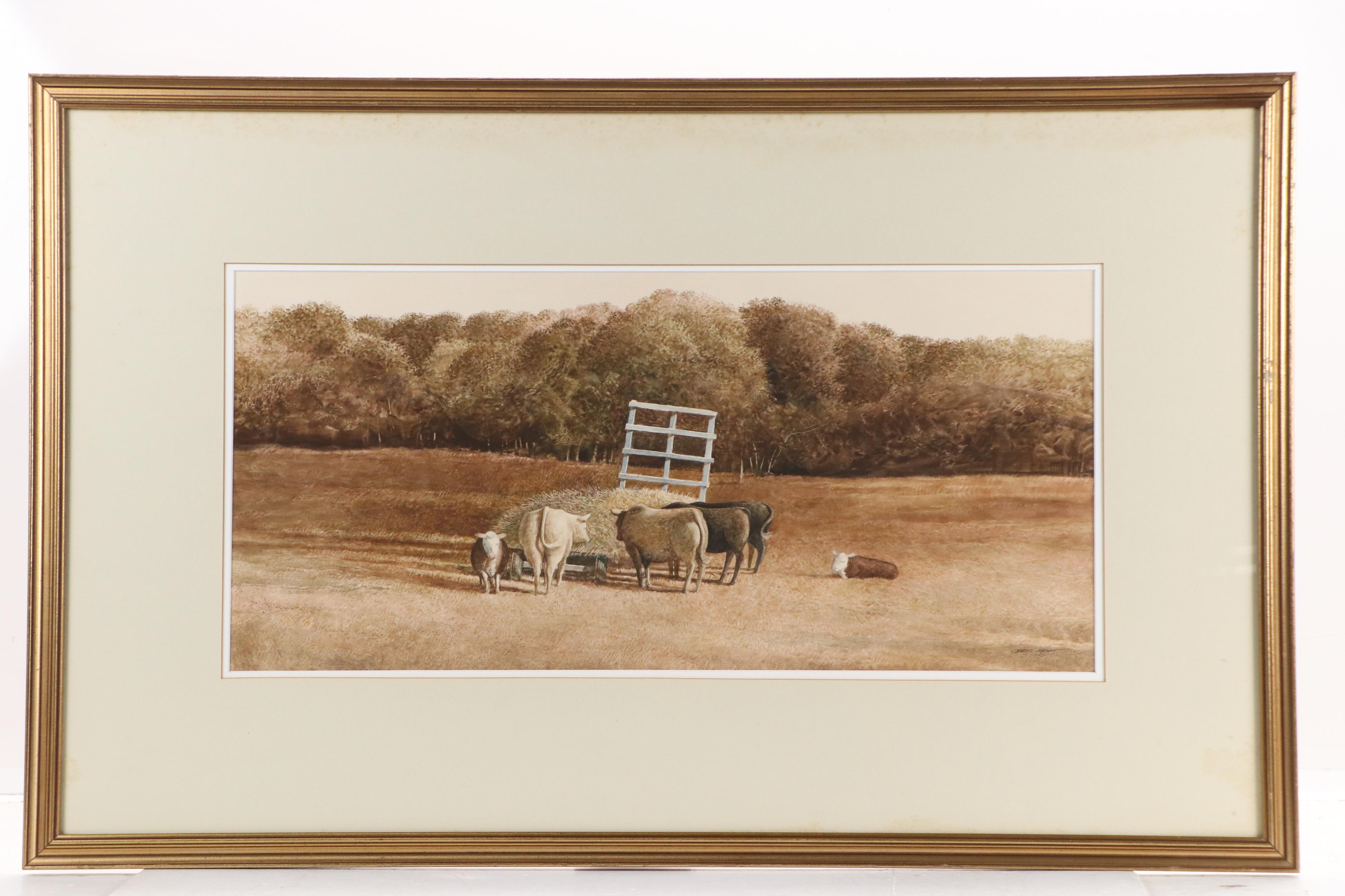 Greg Mort Pastoral Gouache Painting of Cows Eating Hay, 1981