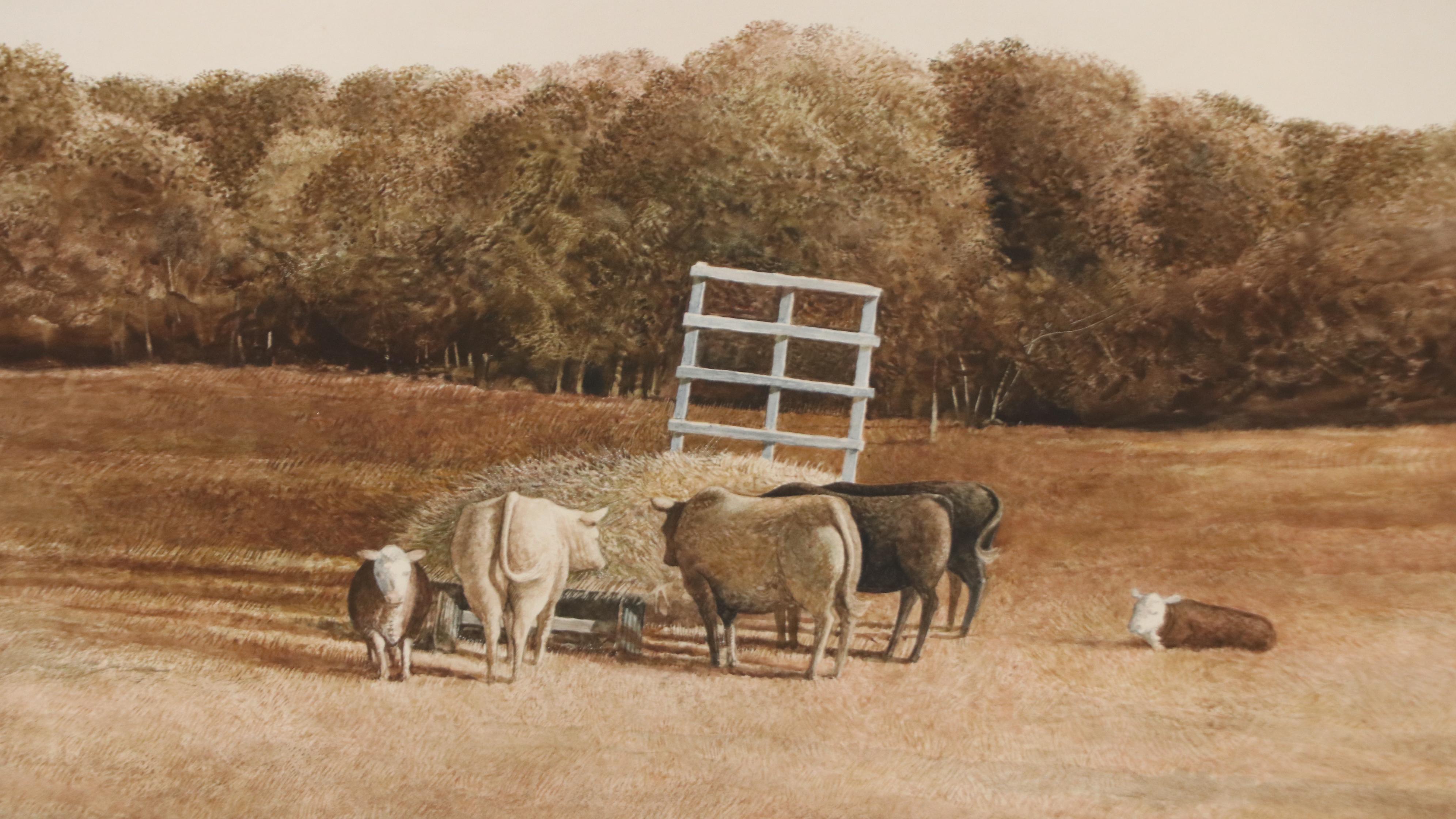 Greg Mort Pastoral Gouache Painting of Cows Eating Hay, 1981