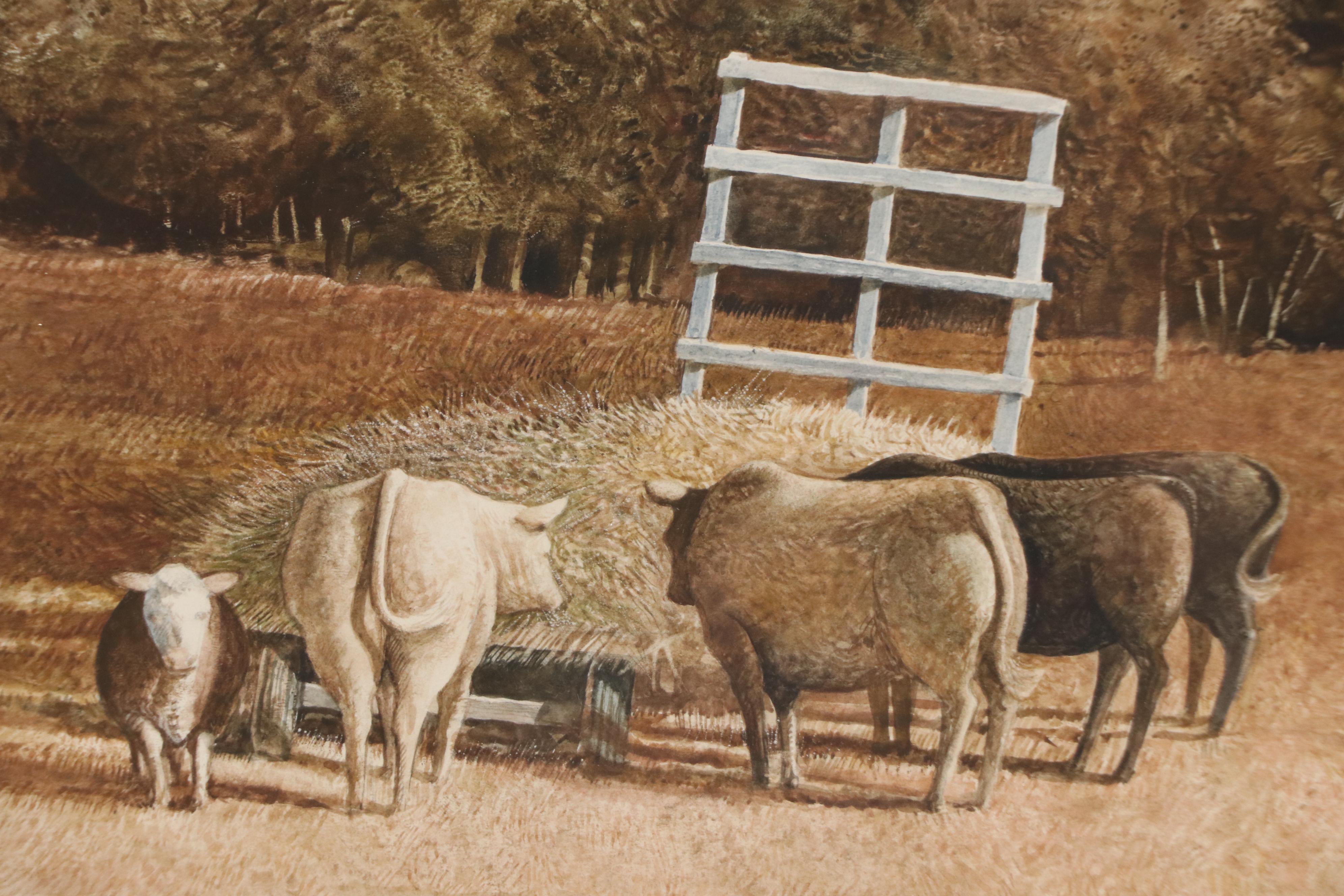 Greg Mort Pastoral Gouache Painting of Cows Eating Hay, 1981