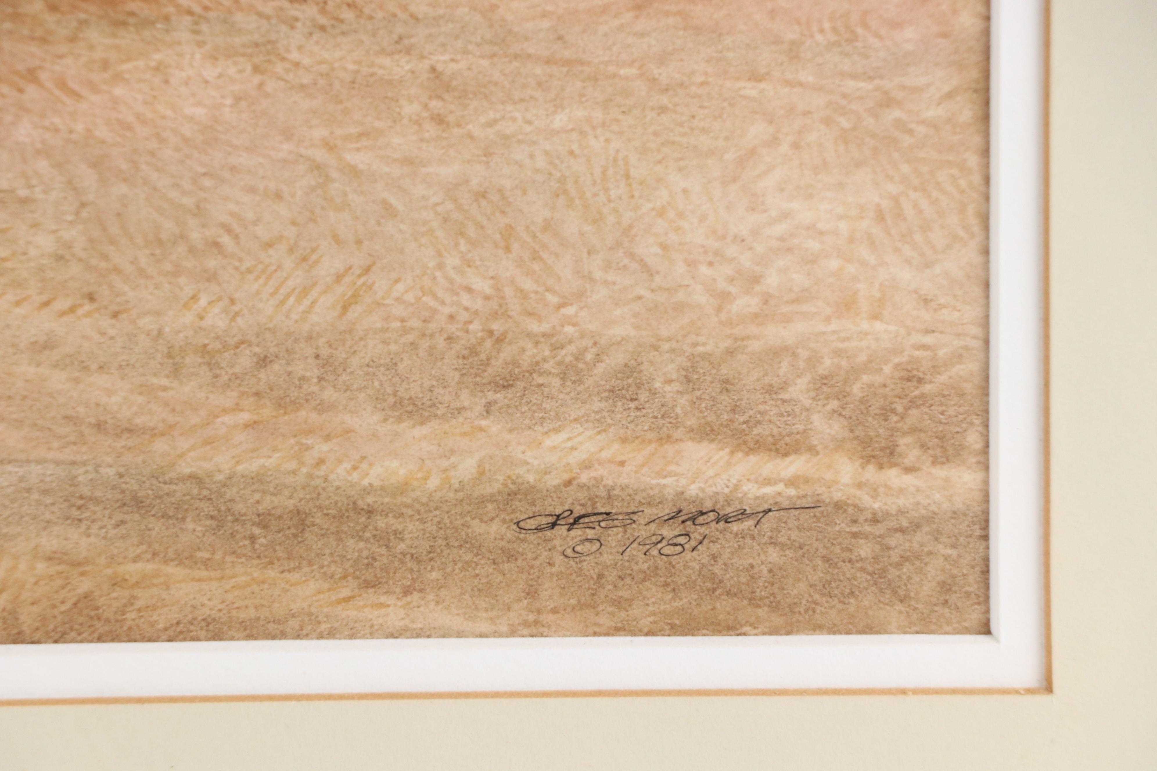 Greg Mort Pastoral Gouache Painting of Cows Eating Hay, 1981