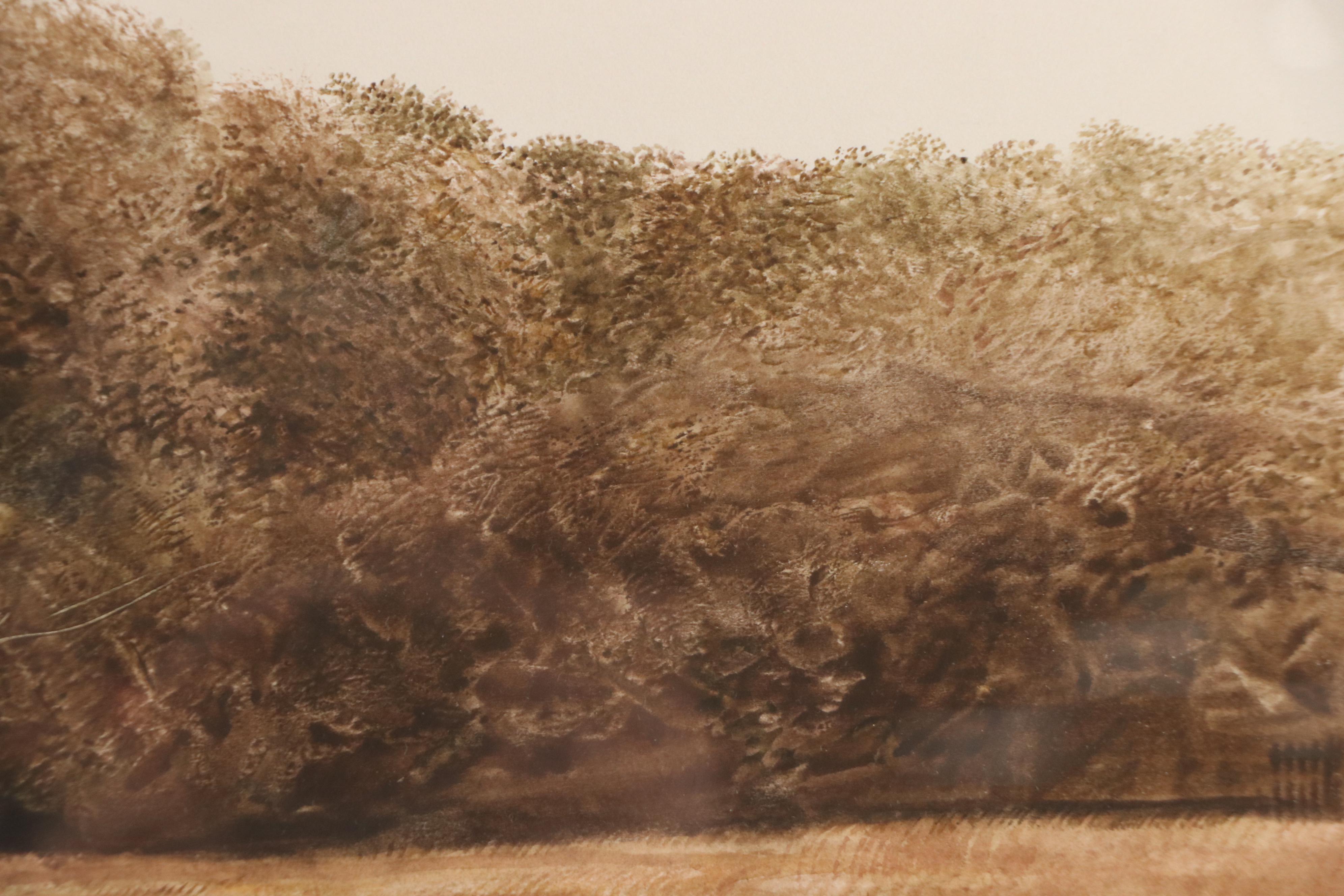 Greg Mort Pastoral Gouache Painting of Cows Eating Hay, 1981