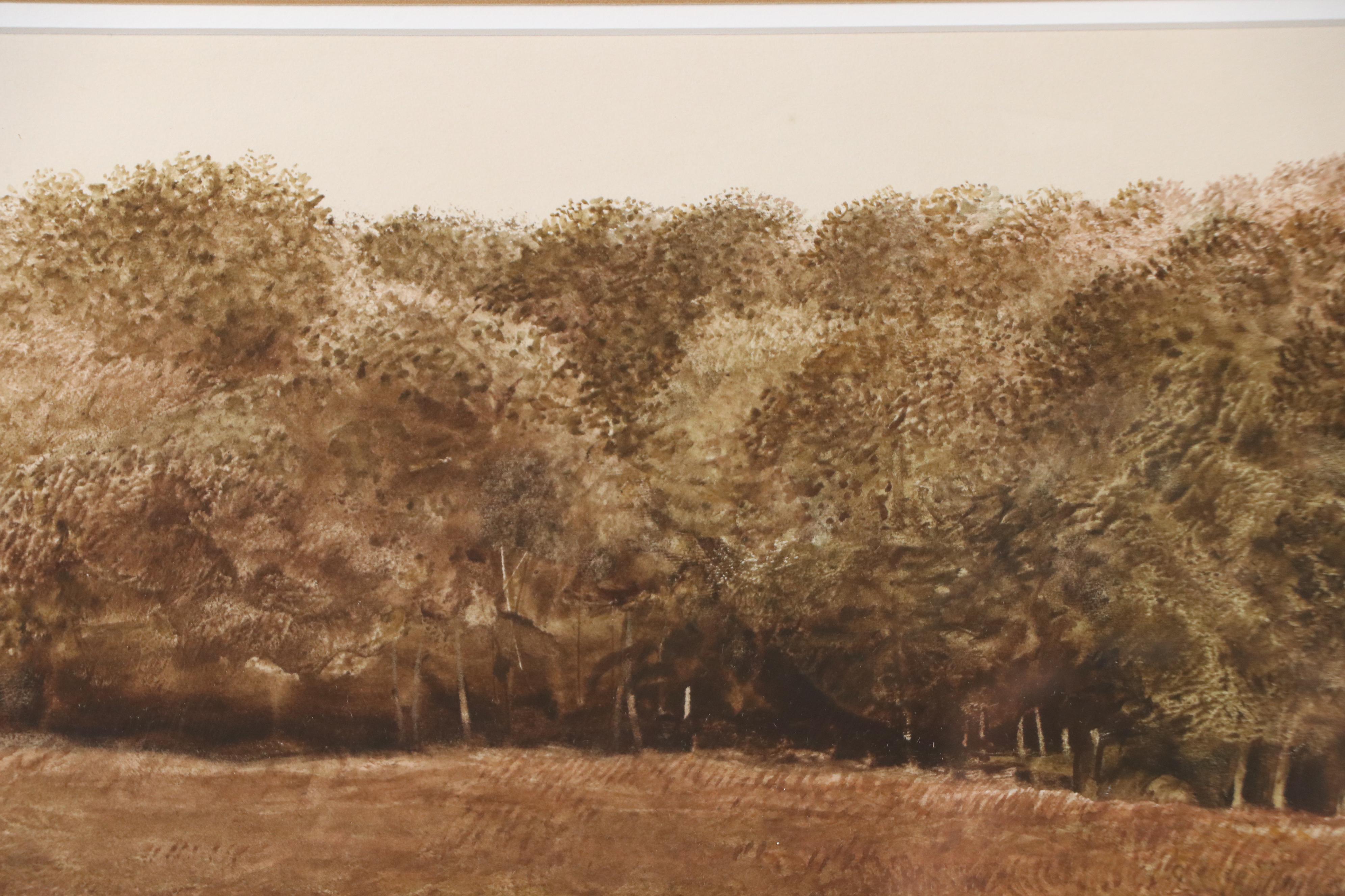 Greg Mort Pastoral Gouache Painting of Cows Eating Hay, 1981