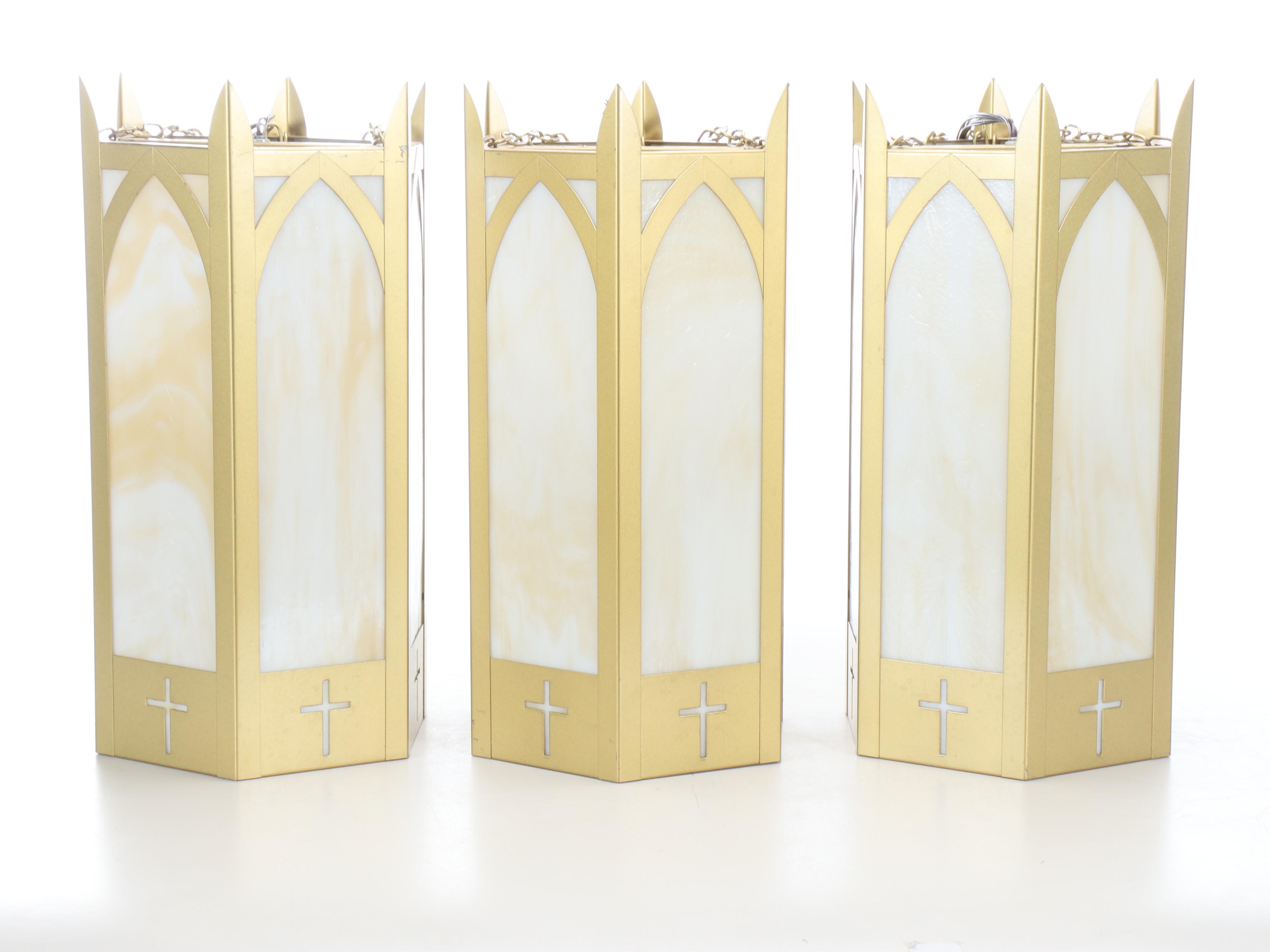 Gothic Revival Craft Metal "Hartford" Slag Glass & Gold Painted Church Pendants