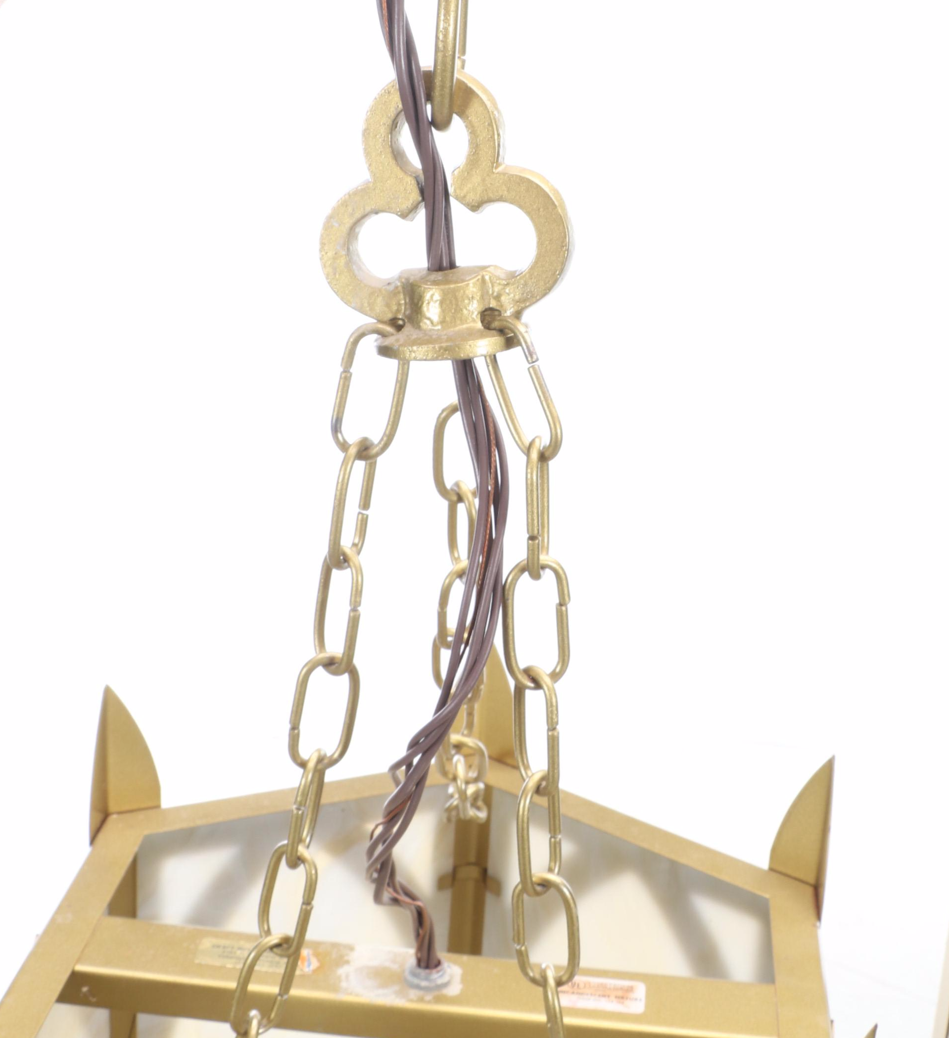 Gothic Revival Craft Metal "Hartford" Slag Glass & Gold Painted Church Pendants