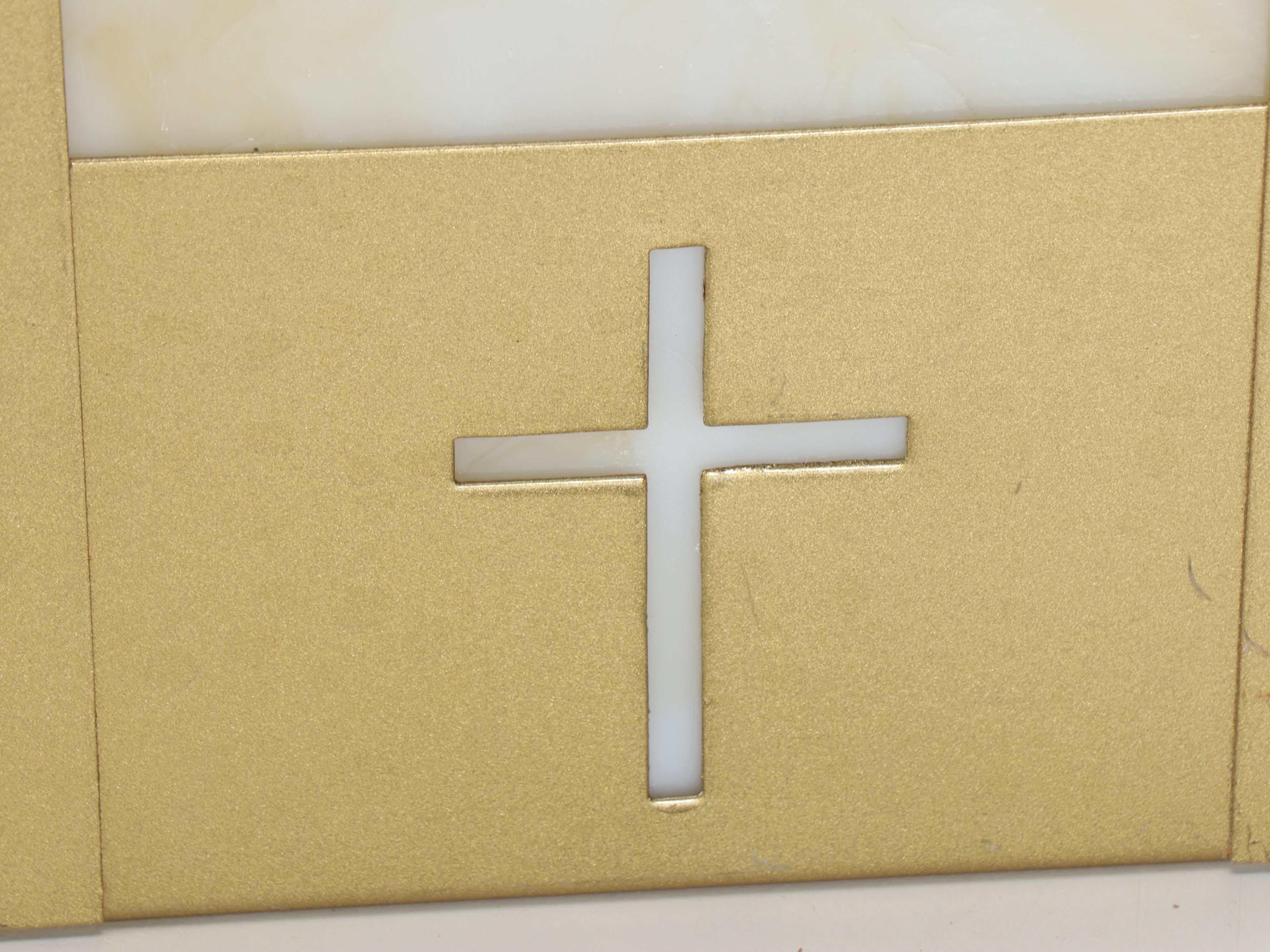 Gothic Revival Craft Metal "Hartford" Slag Glass & Gold Painted Church Pendants