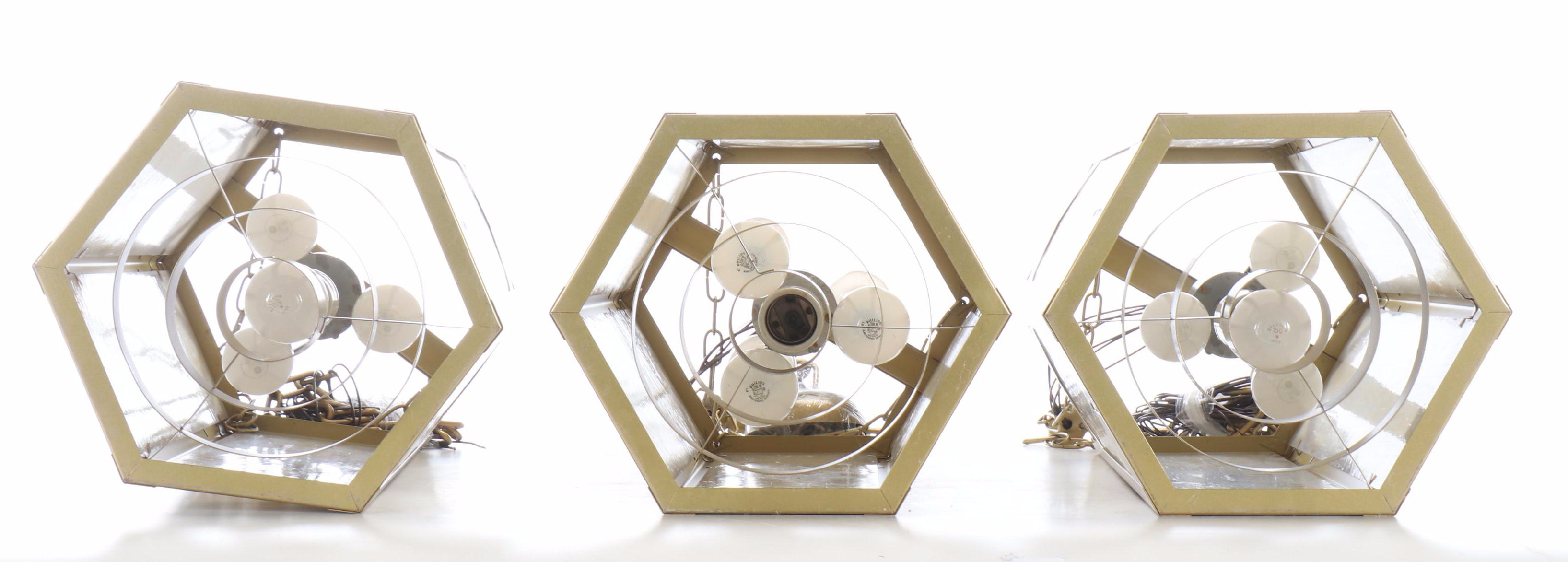 Gothic Revival Craft Metal "Hartford" Slag Glass & Gold Painted Church Pendants