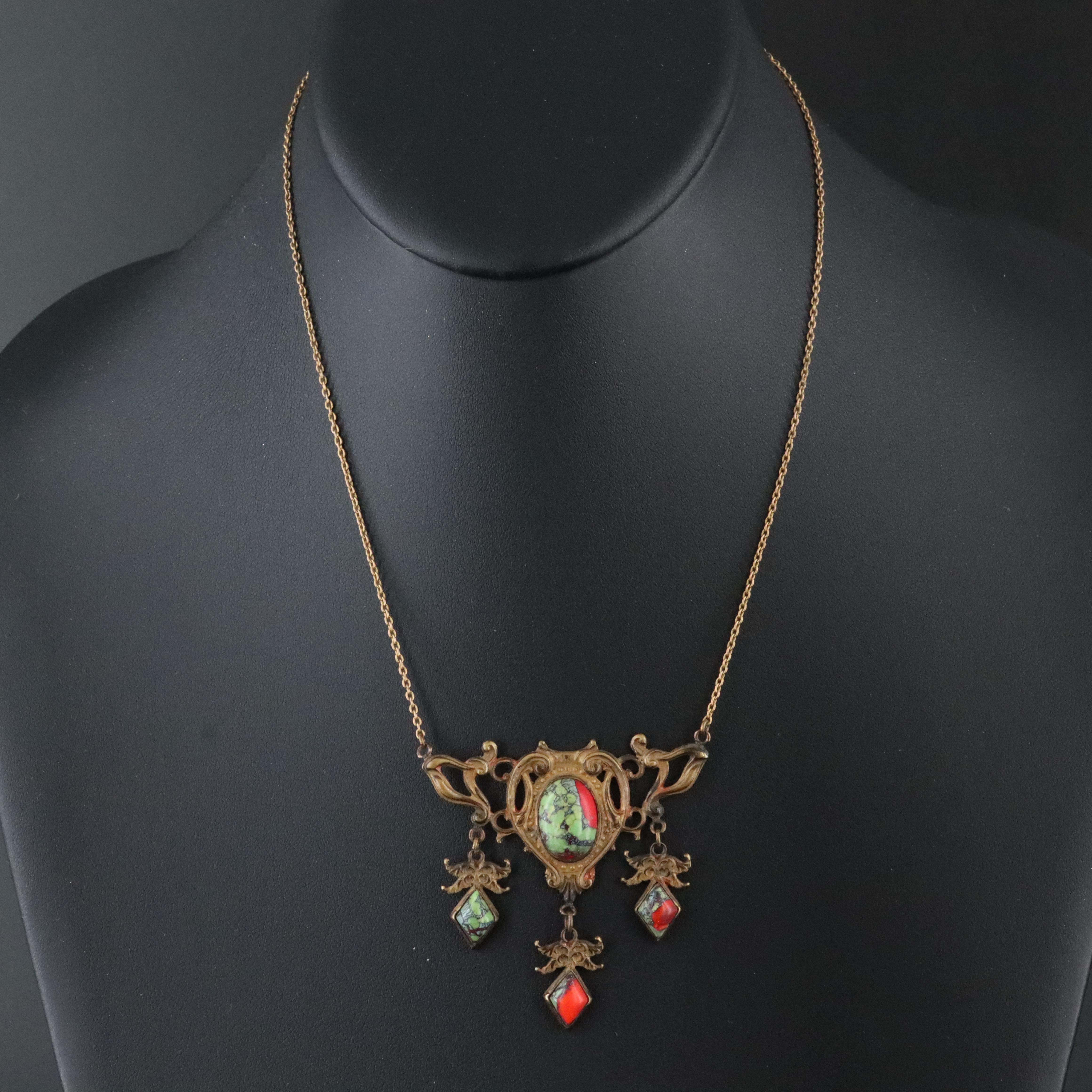 Art Nouveau Glass Brass Necklace