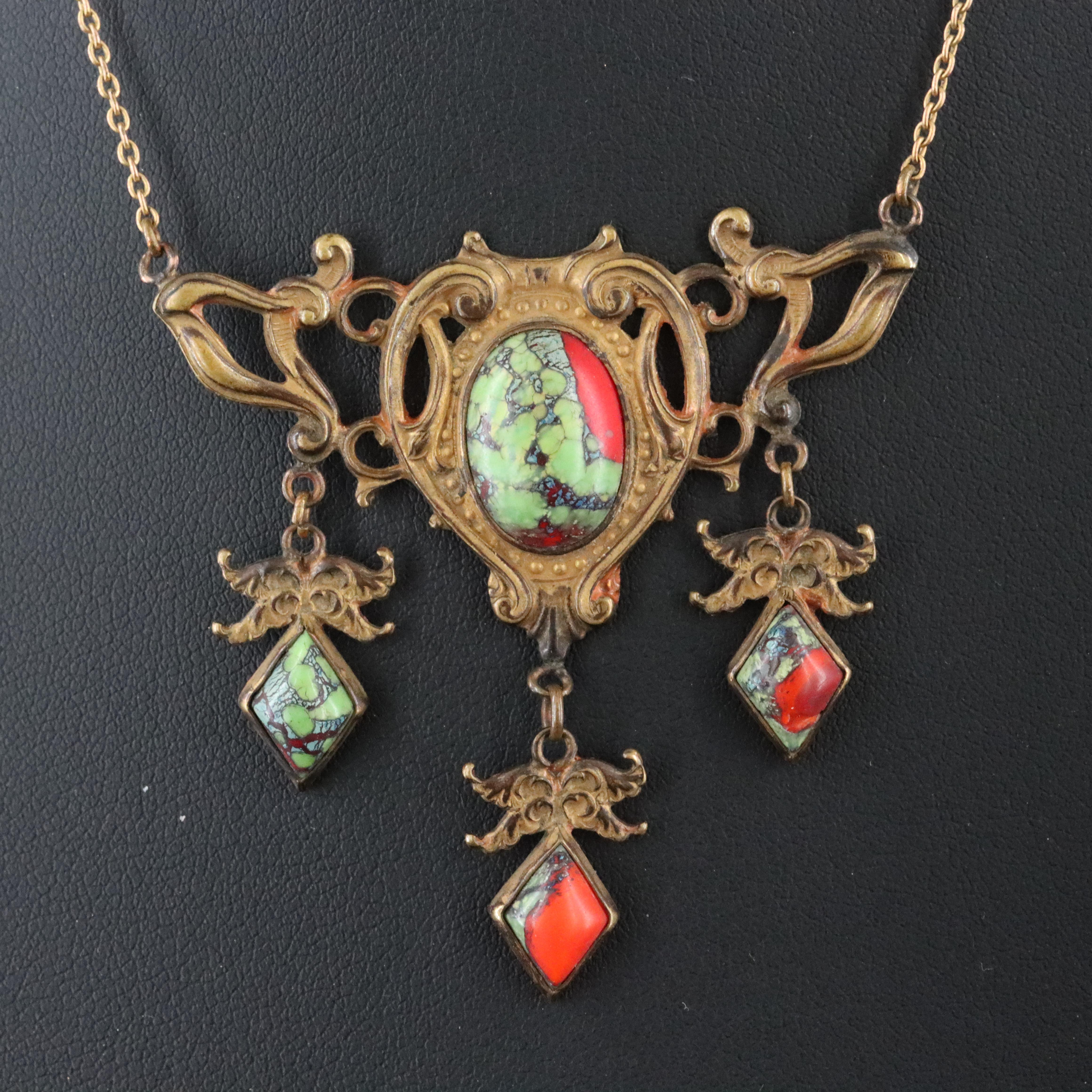 Art Nouveau Glass Brass Necklace