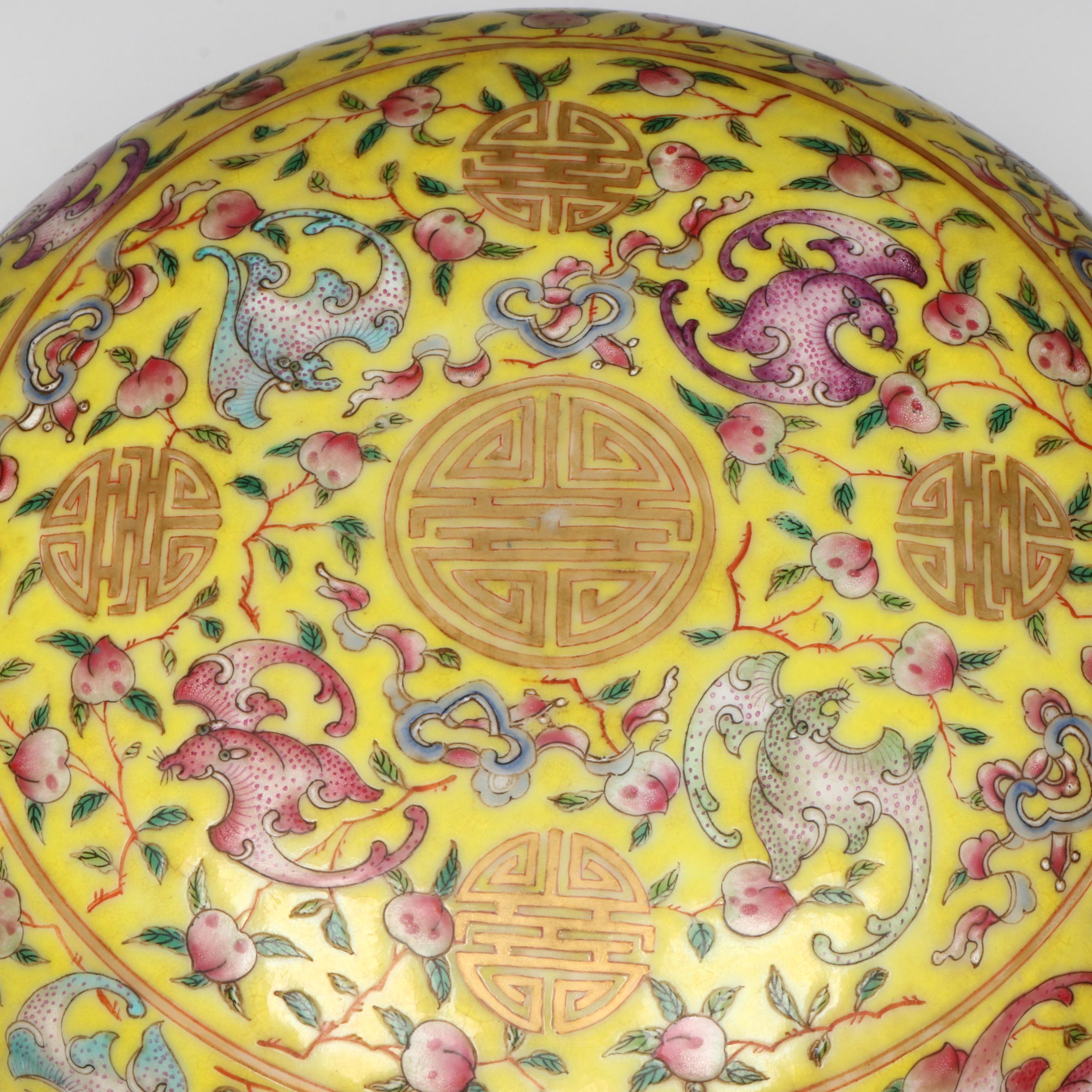 Chinese Tongzhi Period Famille Jaune Peach and Bat Porcelain Box
