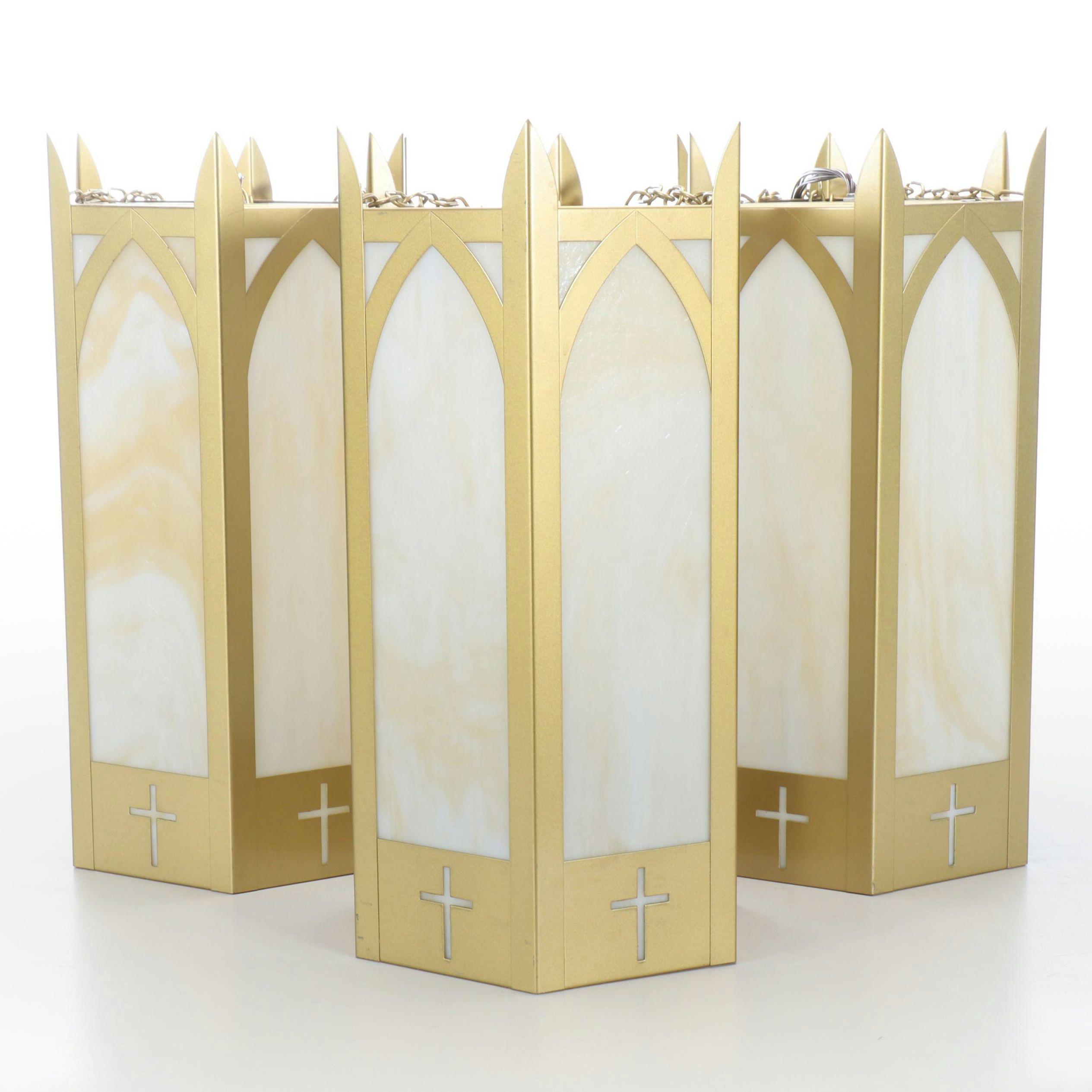 Gothic Revival Craft Metal "Hartford" Slag Glass & Gold Painted Church Pendants