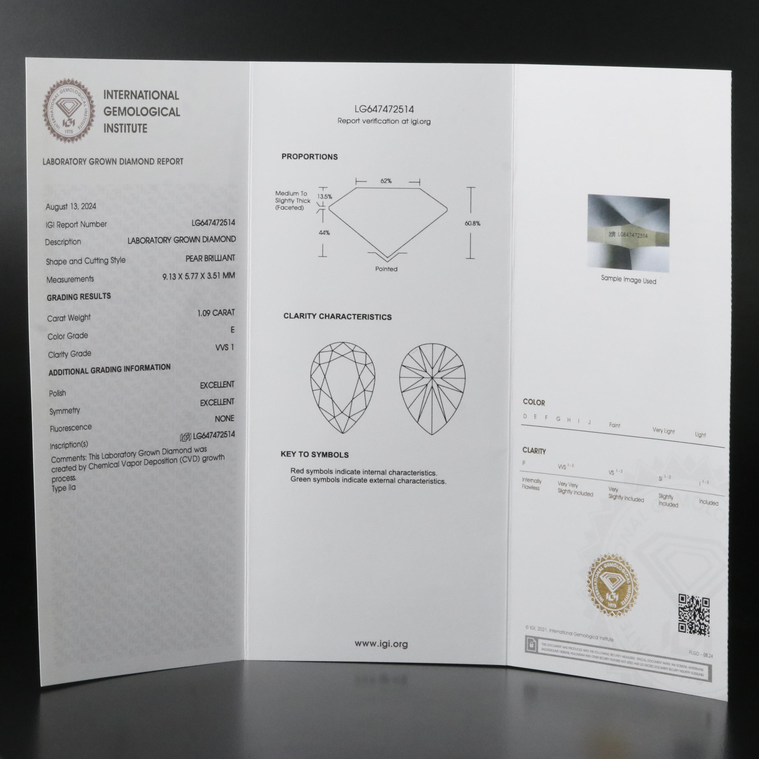 Loose 1.09 CT Lab Grown Diamond with IGI Report