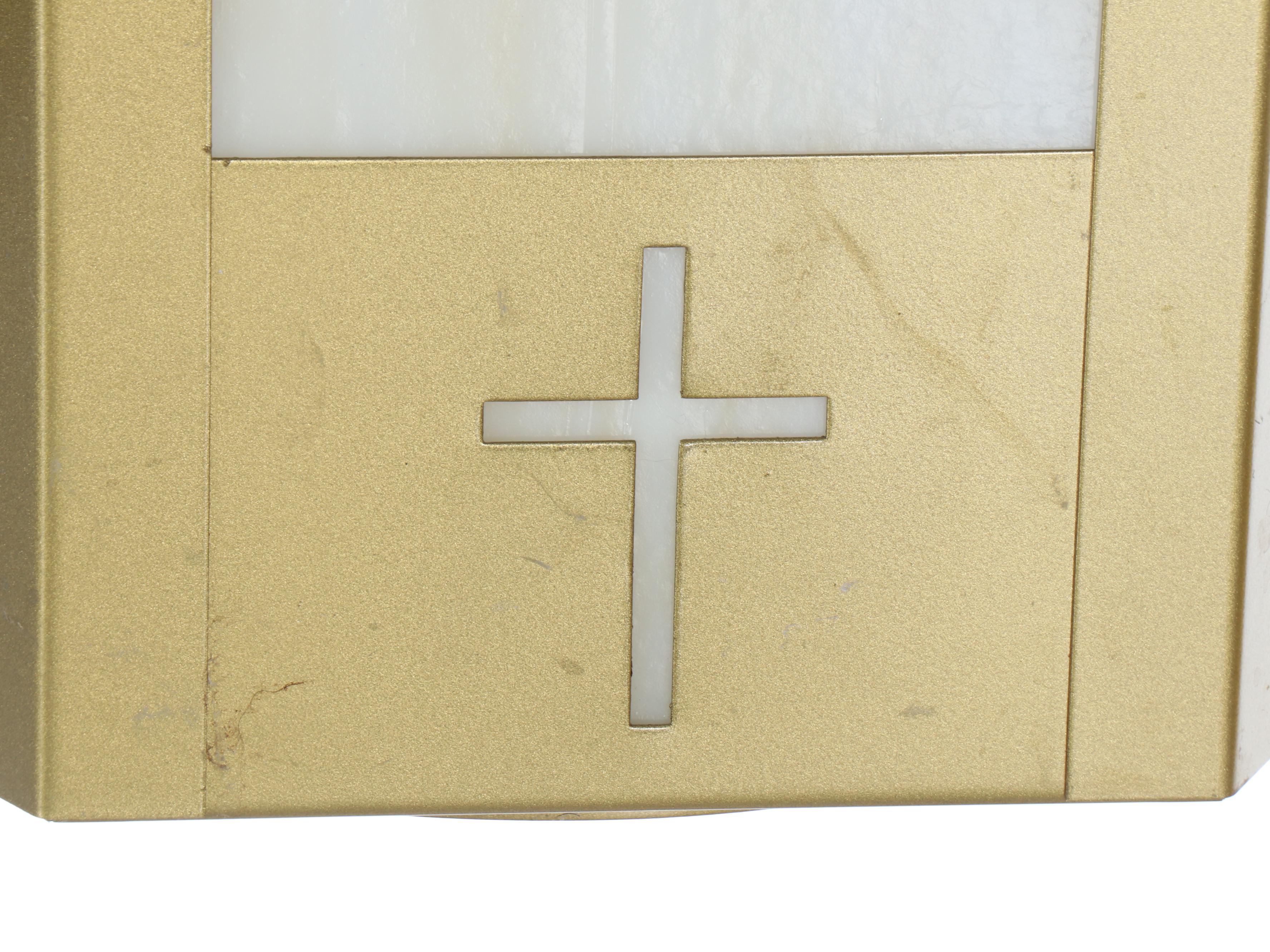 Gothic Revival Craft Metal "Hartford" Slag Glass & Gold Painted Church Pendants