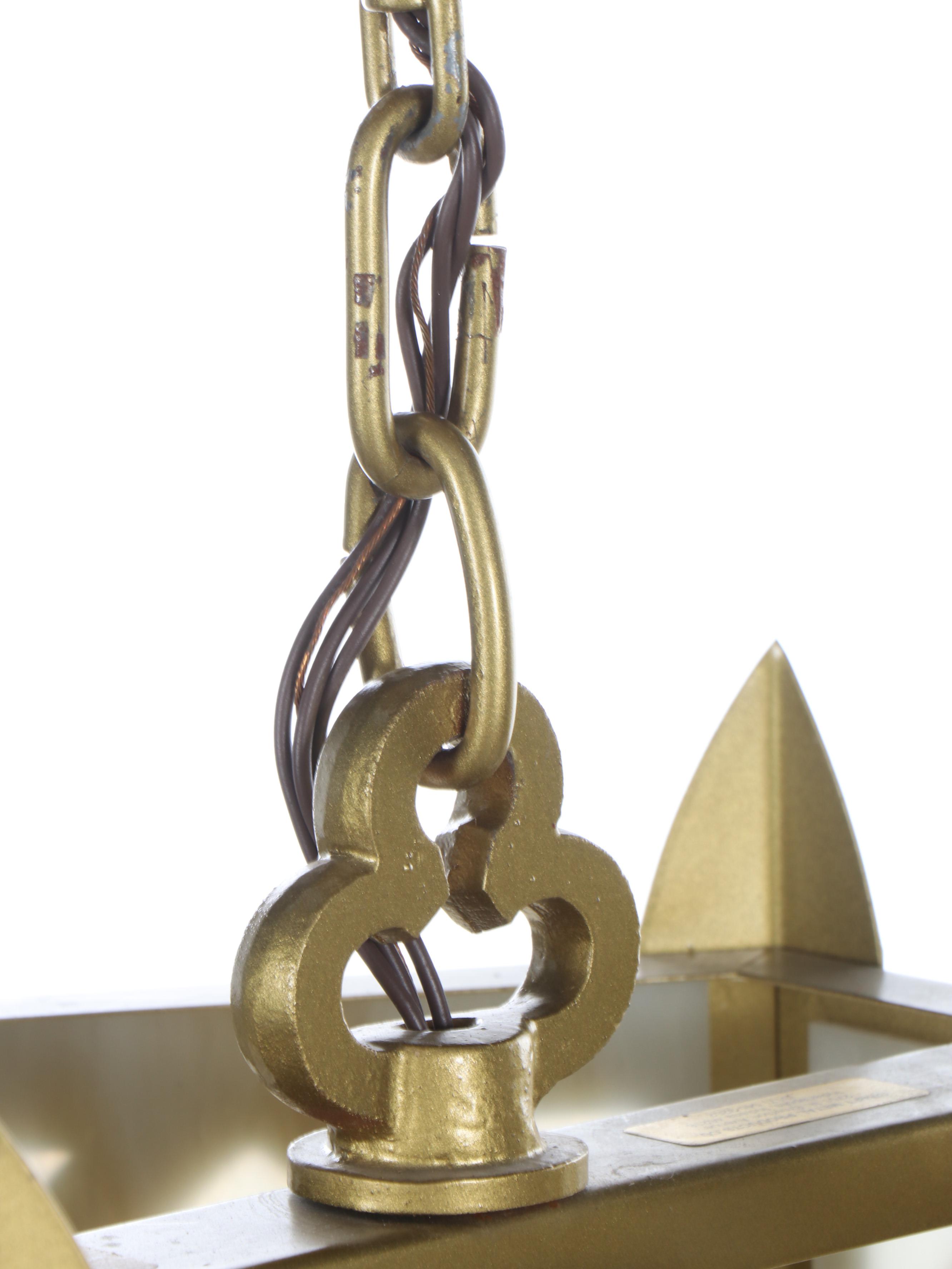 Gothic Revival Craft Metal "Hartford" Slag Glass & Gold Painted Church Pendants